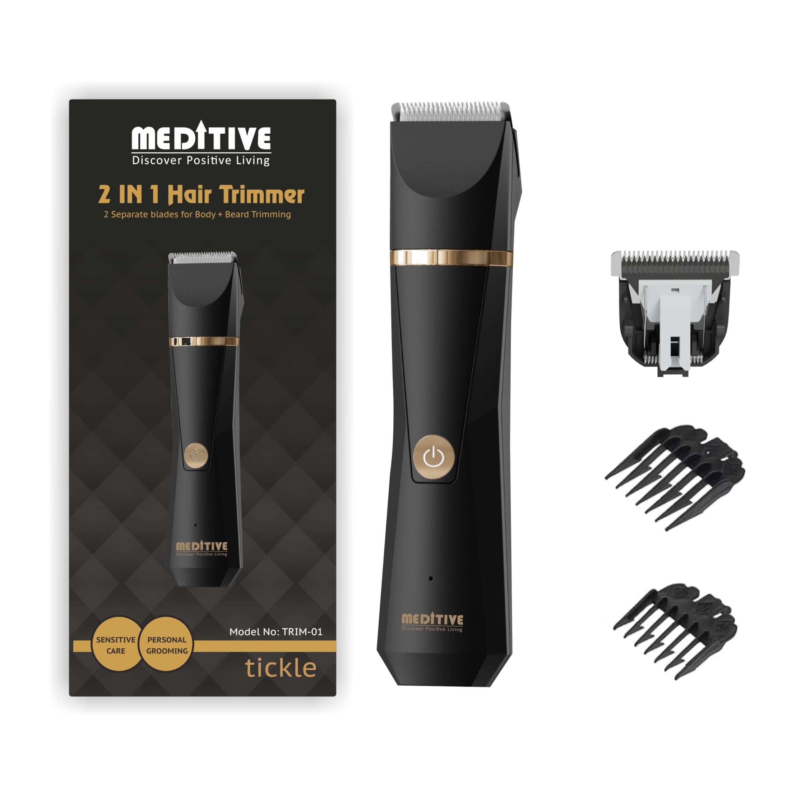MEDITIVE 2-in-1 Men’s Grooming Trimmer with Two Ceramic Blades, White Blade for Beard & Black Blade for Body, IP67 Waterproof, Long Battery Life,2 Adjustable Combs (3-6mm, 9-12mm)