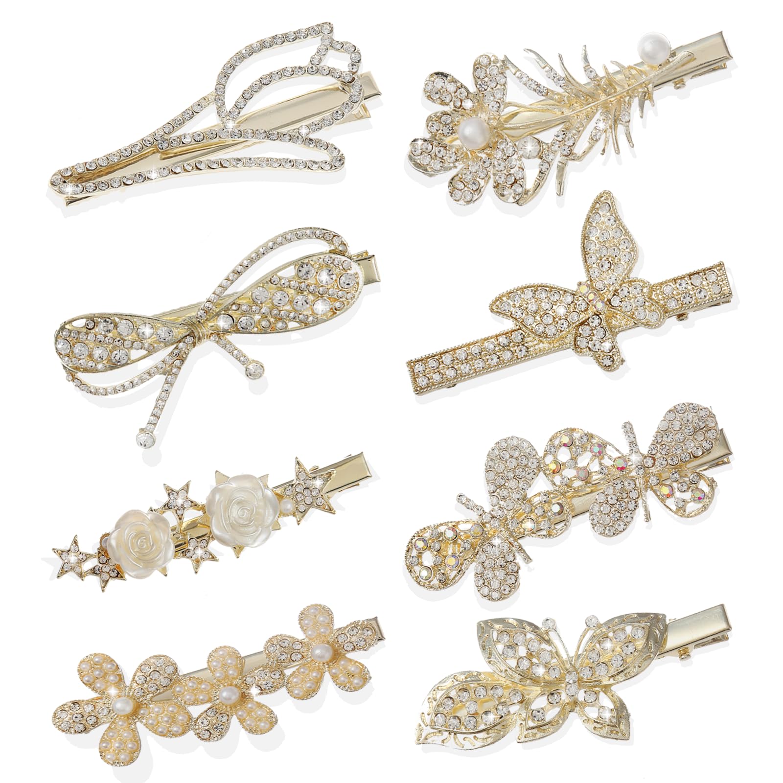 KAGNAL Hair Clip, 8 Pcs Rhinestone Hair Clips for Women, Sparkly Hair Clips, Gold Hair Barrettes for Girls, Bling Alligator Clips, Wedding Hair Accessories, Nice Gift for Women