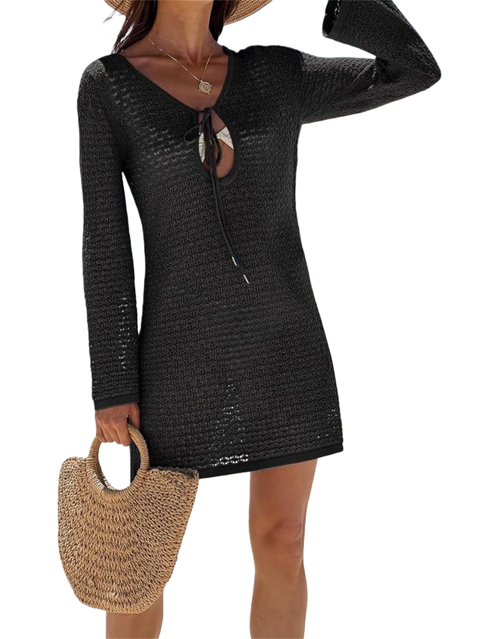 Generisch Coperta da spiaggia all'uncinetto da donna sexy con scollo a V profondo, maniche lunghe e motivo forato, perfetta per le vacanze al mare