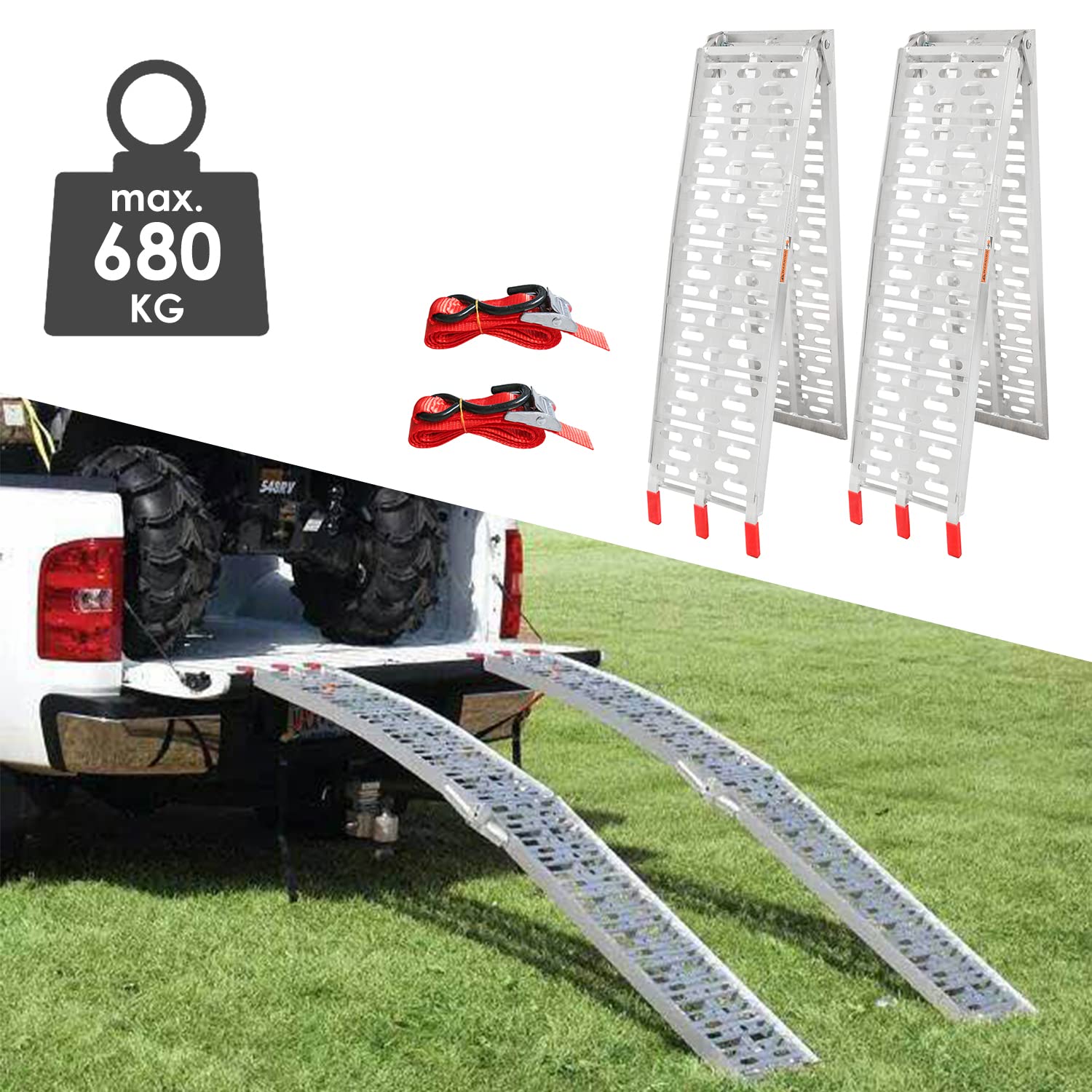 2 rampas de carga 400 kg, carril de carga de acero galvanizado, aluminio, antideslizantes, para motocicleta, cortacésped, tractor de césped, longitud 160 cm