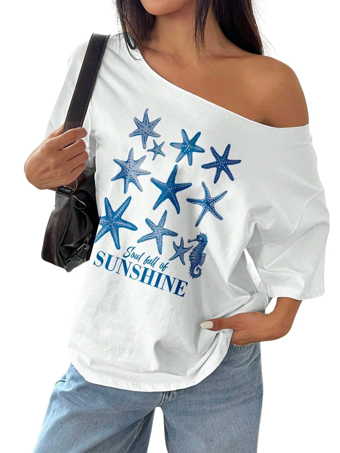 sxv style Soul Full of Sunshine Off-Shoulder Sweatshirt, White, Starfish and Seahorse Print, Long Sleeve-picture-26