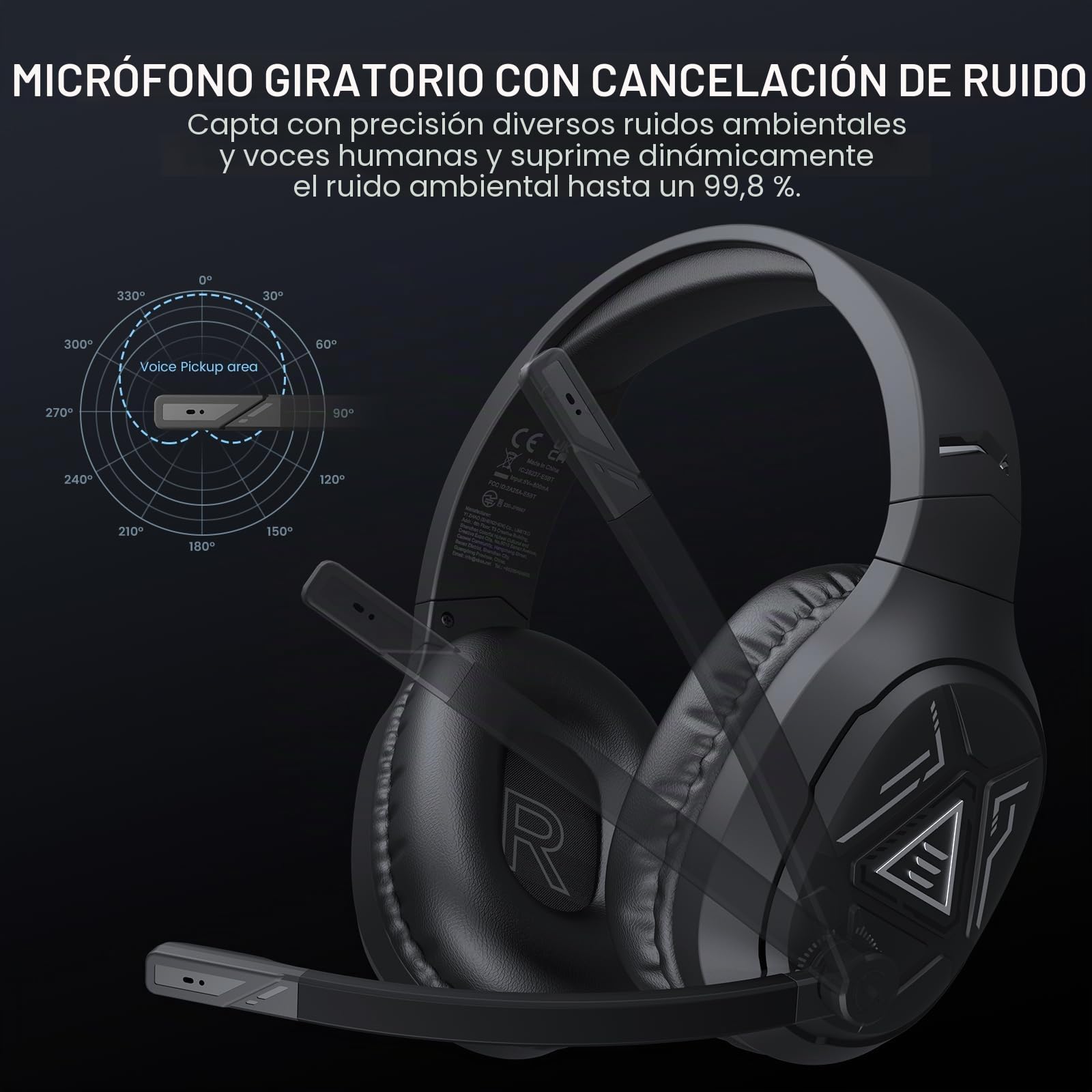 EKSA Auriculares inalámbricos BT para Videojuegos, 2,4 GHz, Interfaz USB-C y USB, con micrófono Extensible, cancelación de Ruido, 52 Horas de duración de la batería con Cable de 3,5 mm para PC