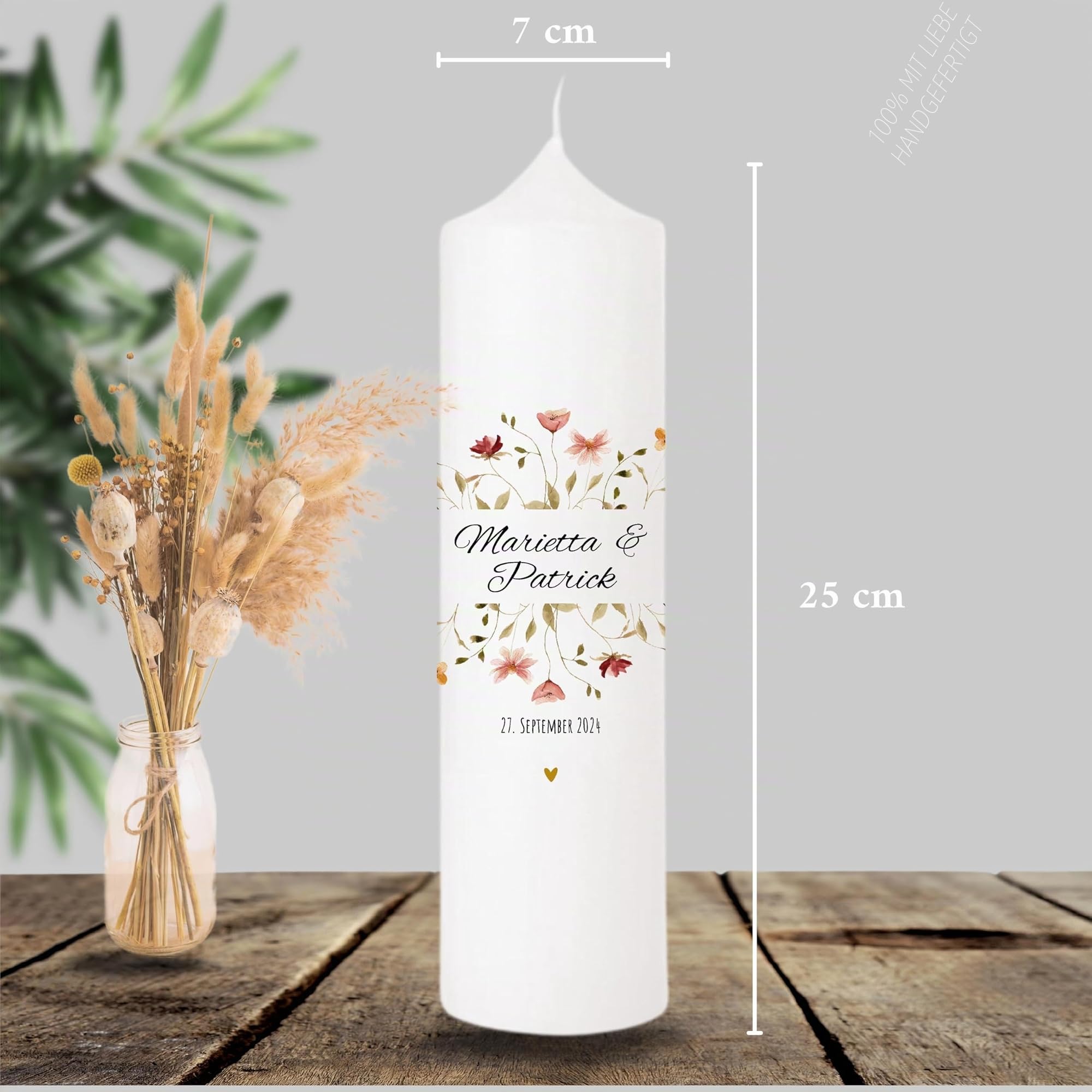 VILLA ROSA LOTTA – Personalisiertes Hochzeitsgeschenk für Brautpaar | Hochzeitskerze mit Namen & Datum | 25 cm x 7 cm | Jahrestag Geschenk Traukerze | Goldene Hochzeit | Hochzeitsdeko