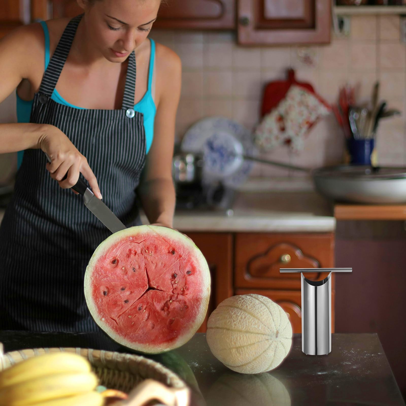Firulab Strumento Taglia Anguria | Taglierina a cubetti in Acciaio Inossidabile per Melone | Gadget da Cucina Portatili pratici per Tagliare i cubetti di Frutta per Campeggio di Feste