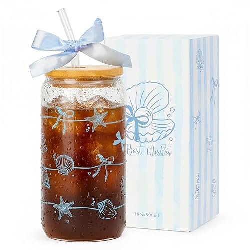 Ocean Animals Glass Cup with Lid and Straw, 16oz Iced