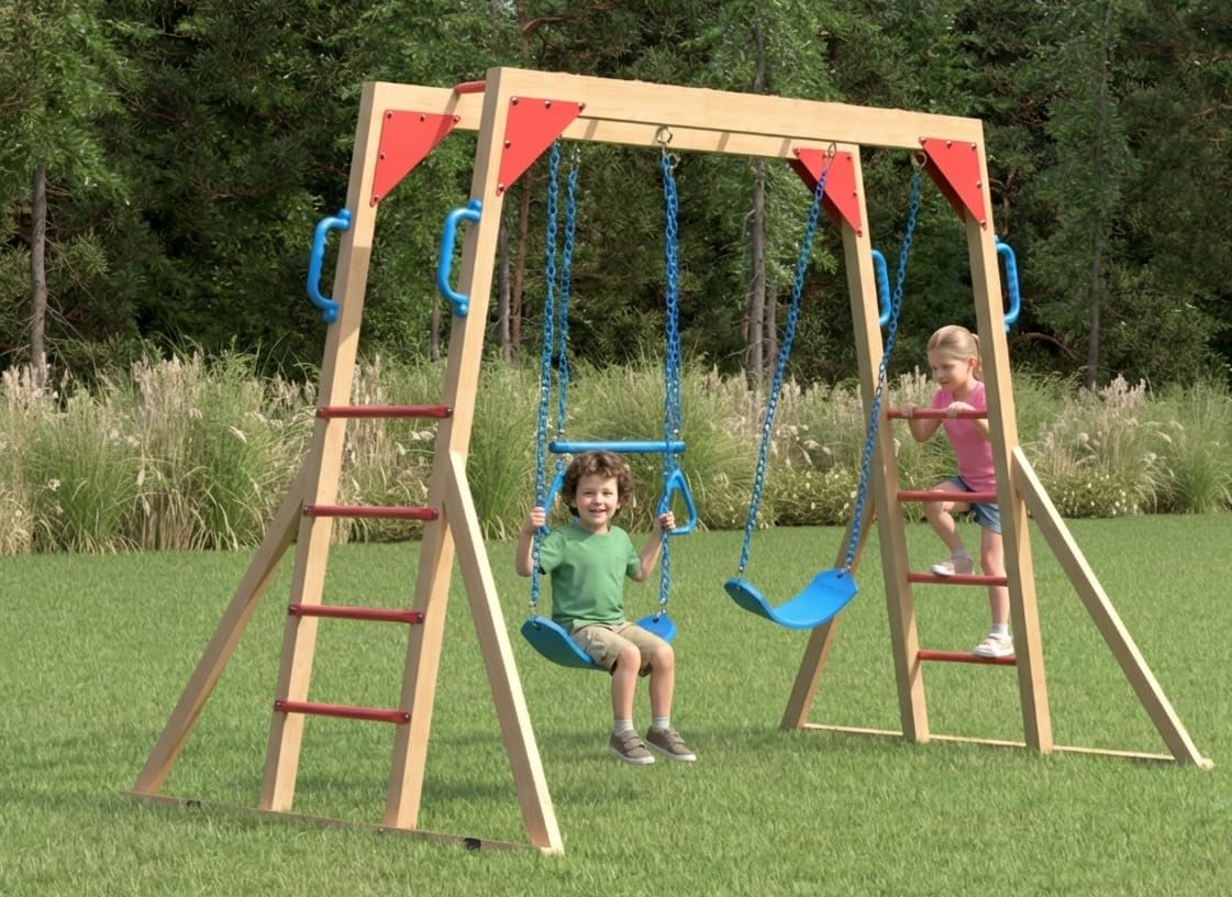 EROMMY Wooden Swing Sets for Backyard with Monkey Bar, Outdoor Playset for Kids with Trapeze Swing Bar and 2 Belt Swings, Heavy Duty Playground Accessories