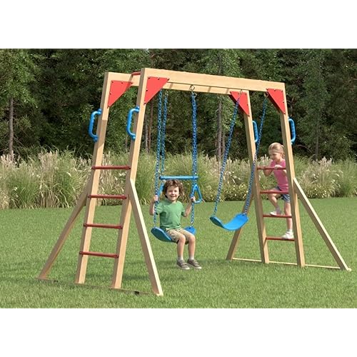 EROMMY Wooden Swing Sets for Backyard with Monkey Bar, Outdoor Playset for Kids with Trapeze Swing Bar and 2 Belt Swings, Heavy Duty Playground Accessories