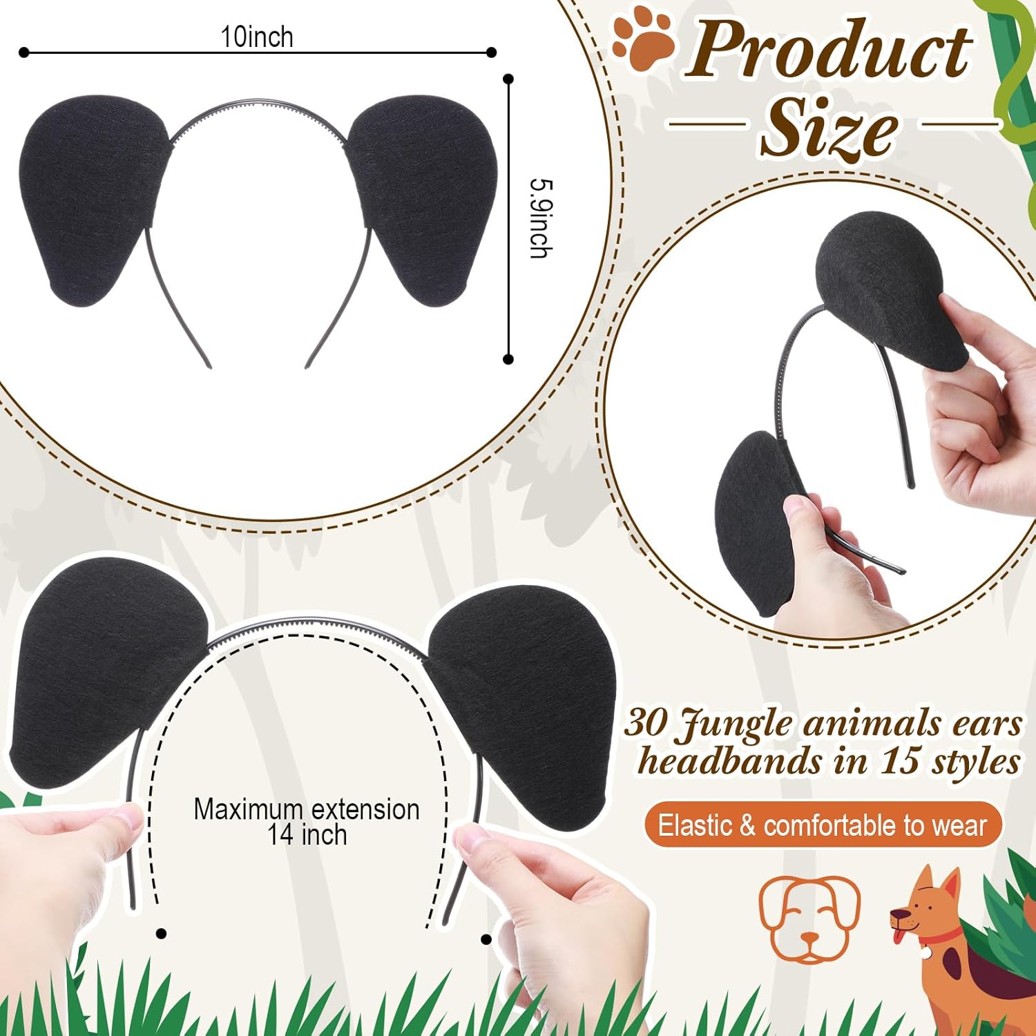 Kigeli 30 Pcs Jungle Animal Safari Ears Headbands for Kids Hair Hoops Photo Booth Props Wild One Birthday Halloween Favors