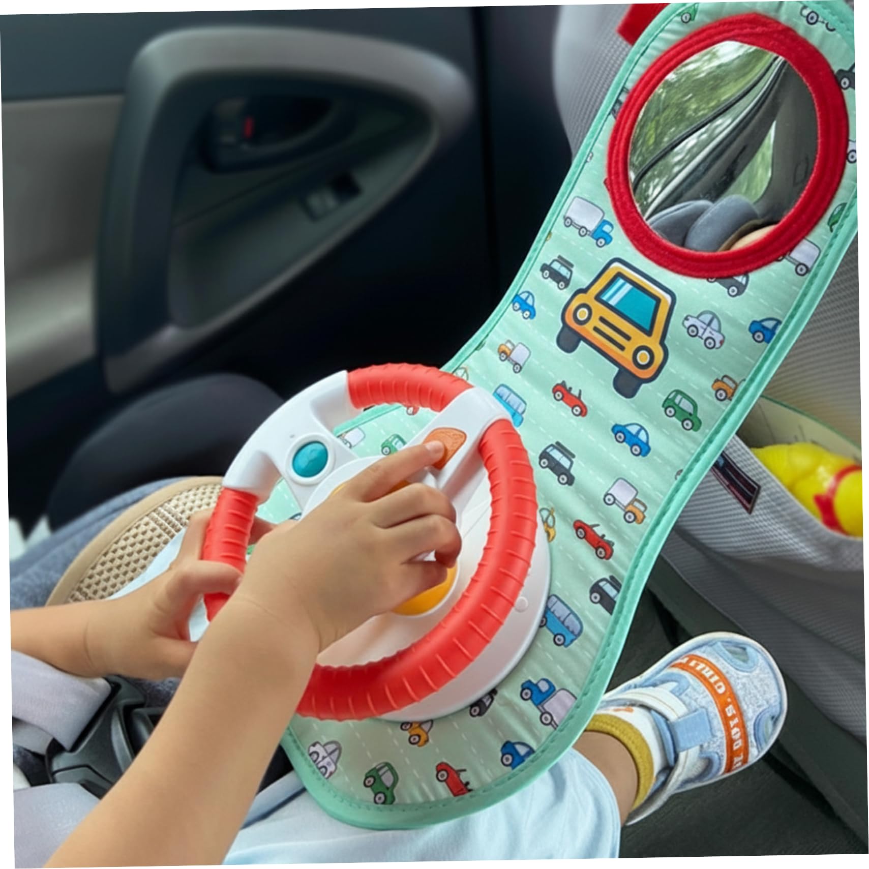 Volante per Bambini Giocattolo Volante per Bambini per seggiolino Auto Rotazione a 360° Auto con Specchio, Musica, luci e Suoni di Guida, Giocattoli per Passeggino