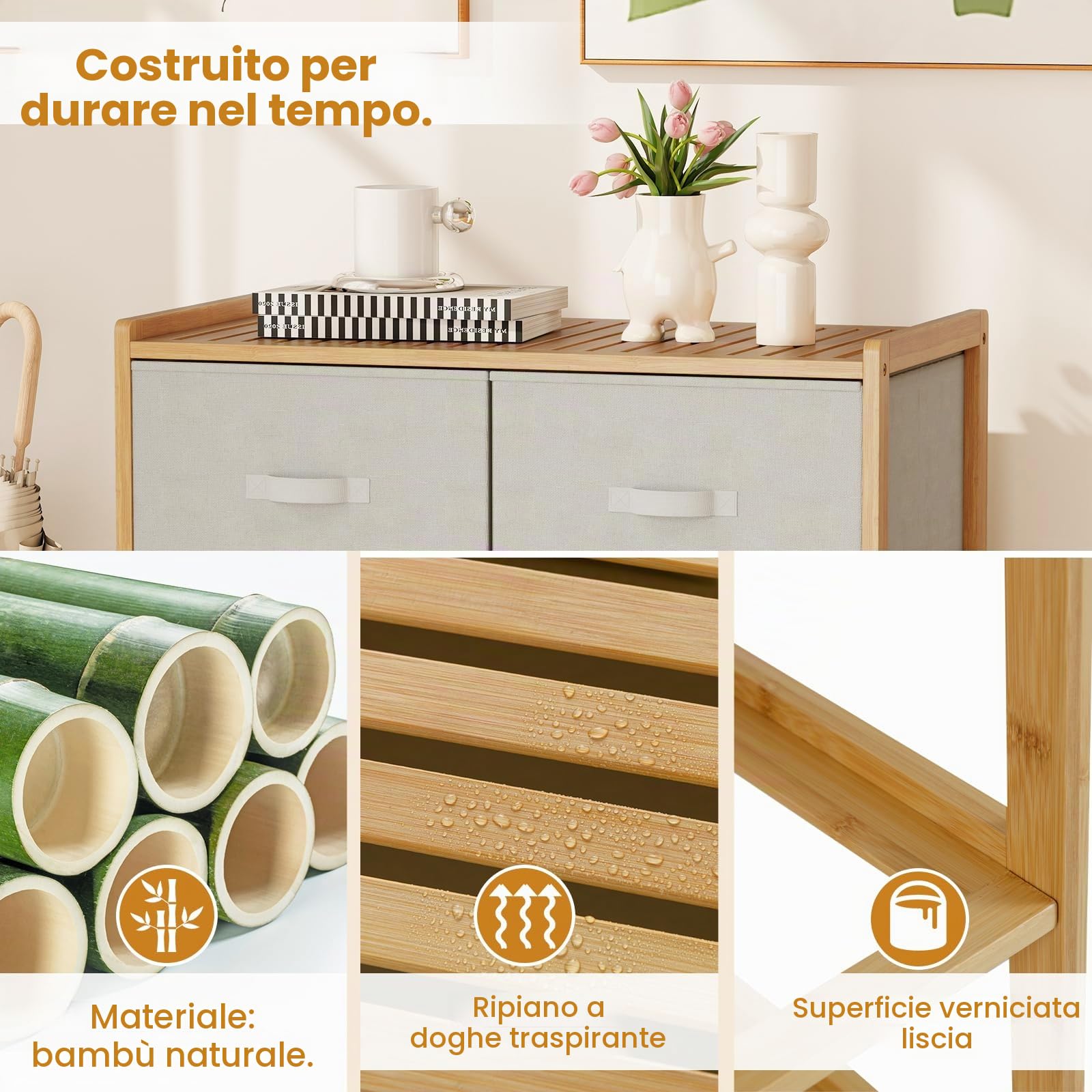 KOMFOTTEU Cassettiera con 6 cassetti pieghevoli in tessuto, cassettiera in bambù a 3 livelli, mobile organizer con dispositivo antiribaltamento, armadio di stoccaggio per camera da letto, soggiorno