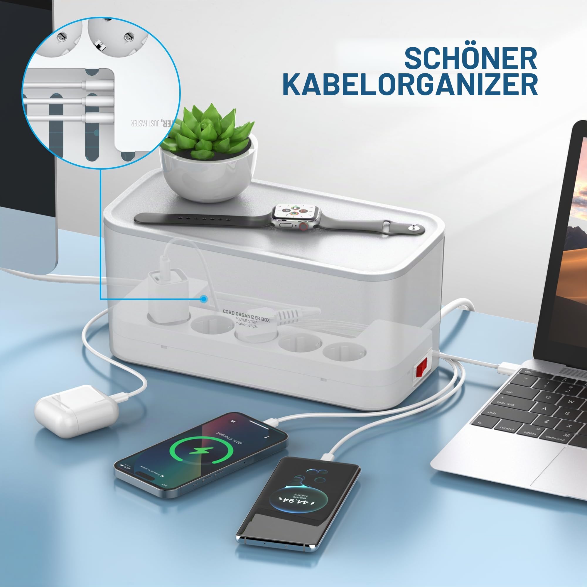 Kabelbox mit Steckdosenleiste USB C Überspannungsschutz 5-Fach Mehrfachsteckdose mit 3 USB Ladeanschlüsse, Kabel Organizer Box Steckdosenadapter, 29,5 x 14 x 14 cm, 5m Kabel, Weiß
