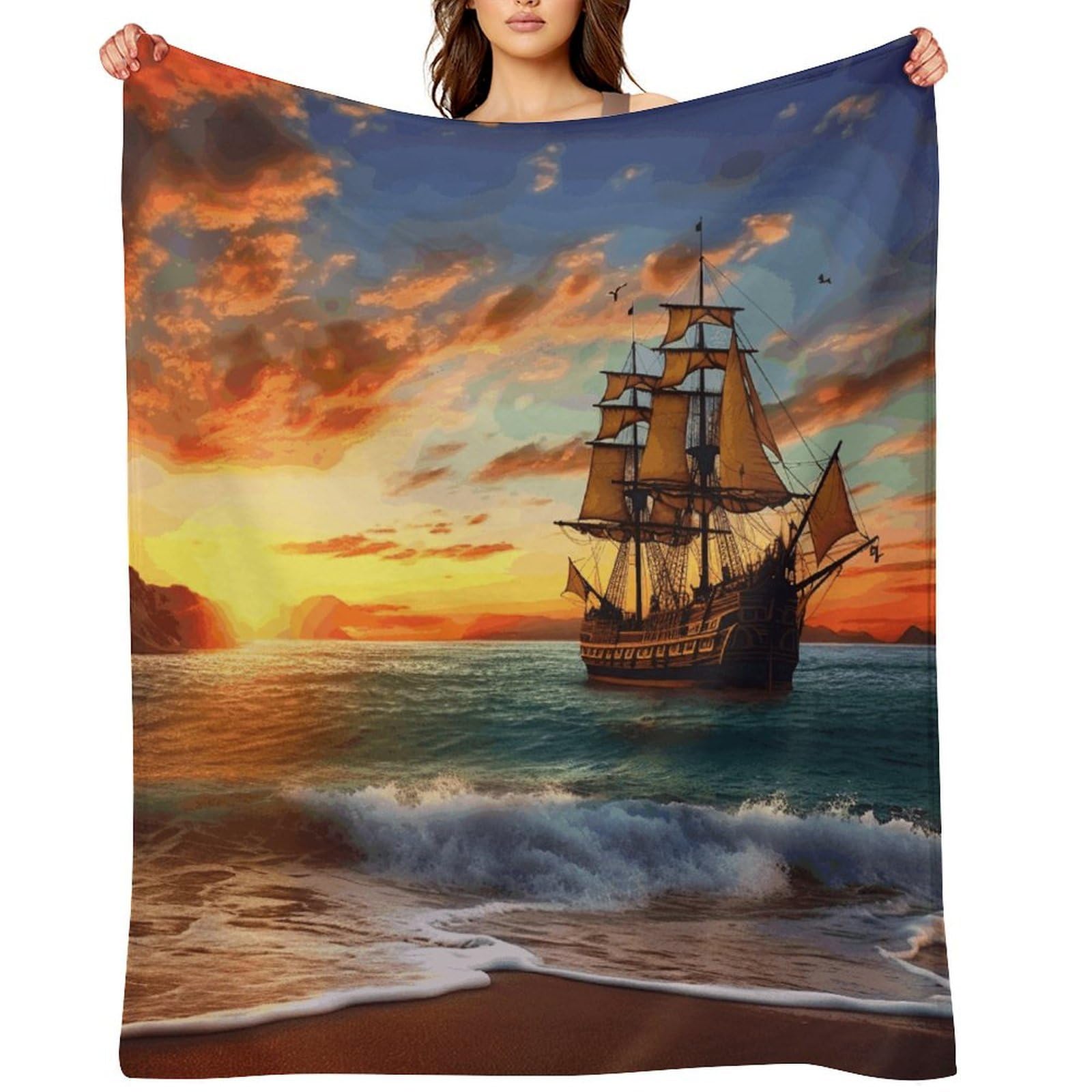 Pirate Ship in The Sunset Blankets Large Luxury Flannel Throw Blanket Fashion Thick Blanket for Sofa&Bed Blankets Cozy Ultra-Soft Bath Towel for Men&Women 60"x80"