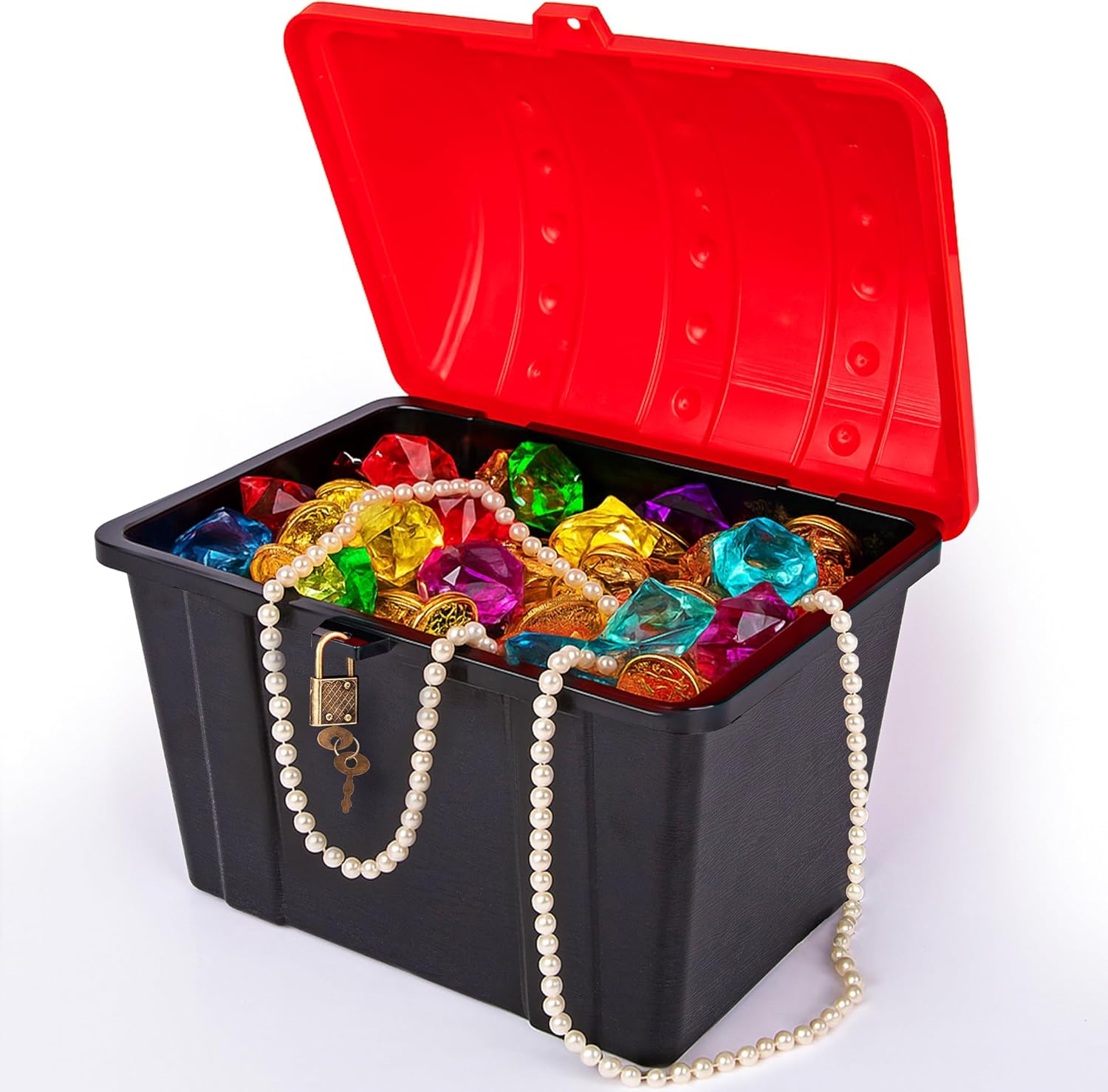ArtCreativity Treasure Chest Box for Kids - Black Wood Grain Texture with Red Cover and Functional Metal Lock and Keys, 9.25" x 7.5" x 7" - Plastic Treasure Box Chest for Classroom Kids Prizes Storage