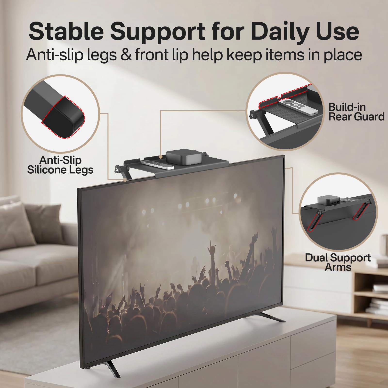 13 Inch Wide Platform TV Top Shelf for Cable Box, Adjustable Shelf for Top of TV with Remote Holder & Anti-Slip Legs, Flat Screen TV Top Shelf for Streaming Devices, Router, Media Box, Game Console — Amazon image 4