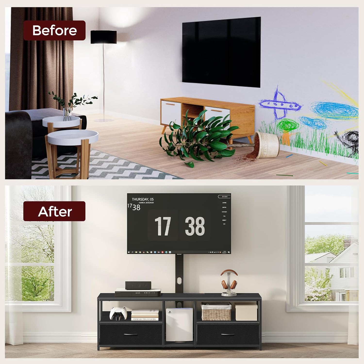 TV Stand with Mount for up to 75", Entertainment Center with Switch-Controlled Charging Station, Swivel TV Stand Mount with Fabric Drawers, for Living Room, Black TVBK154E01N2