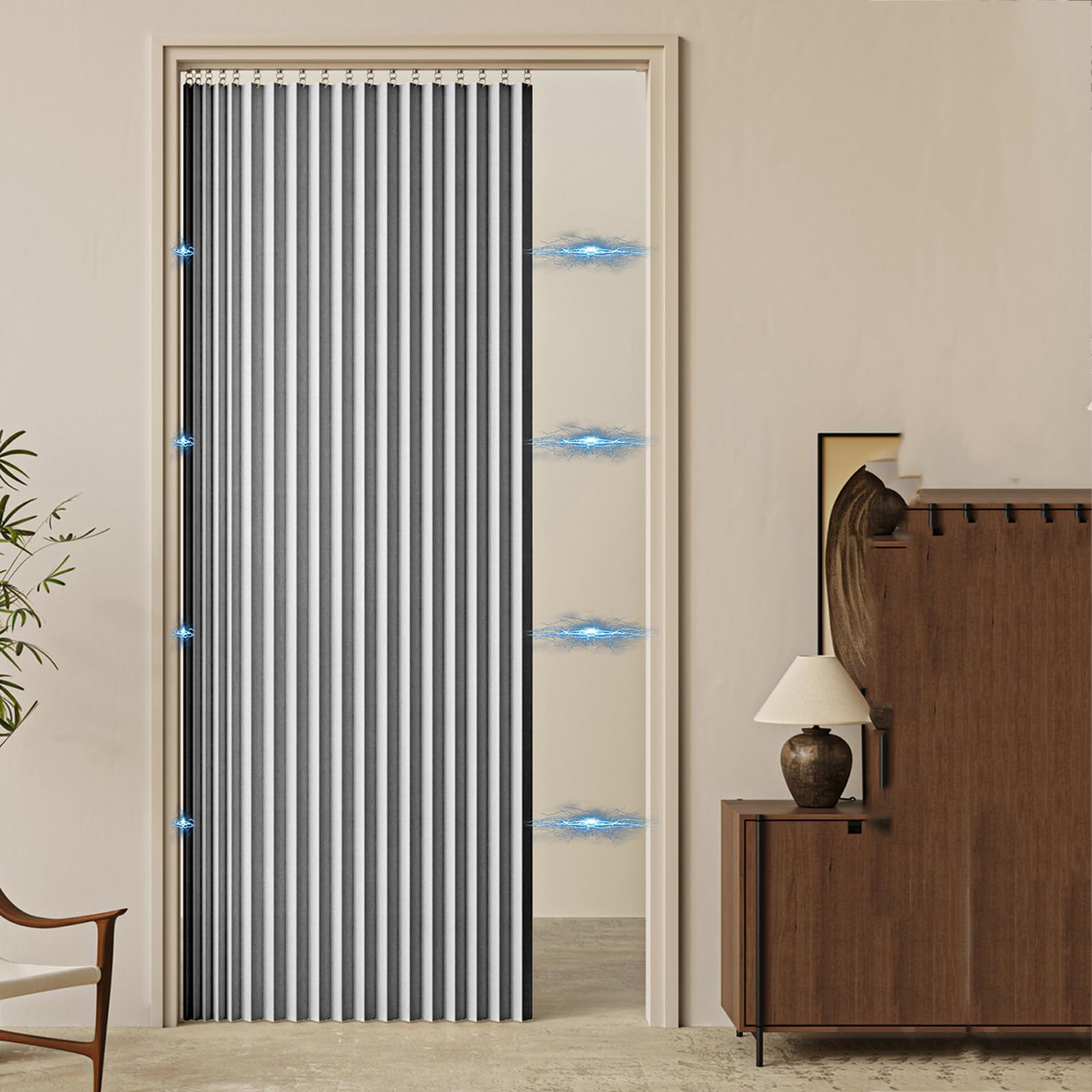 Rideau de porte gris thermique amovible et aimanté de 120 x 220 cm