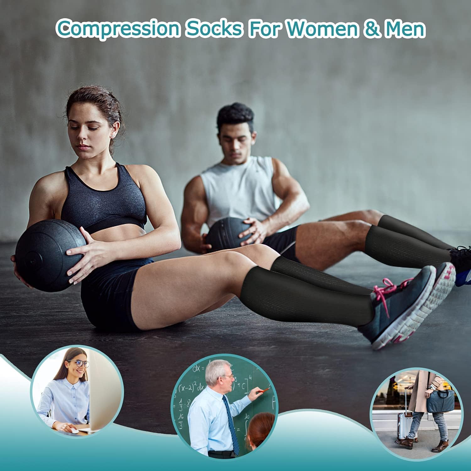Chaussettes de Compression pour Femmes et Hommes (15-20 mmHg), 8 Paires Chaussettes de Compression, Bas de Contention pour le Sport, l’Avion, le Voyage, Course, Grossesse, Médical, Athlétisme