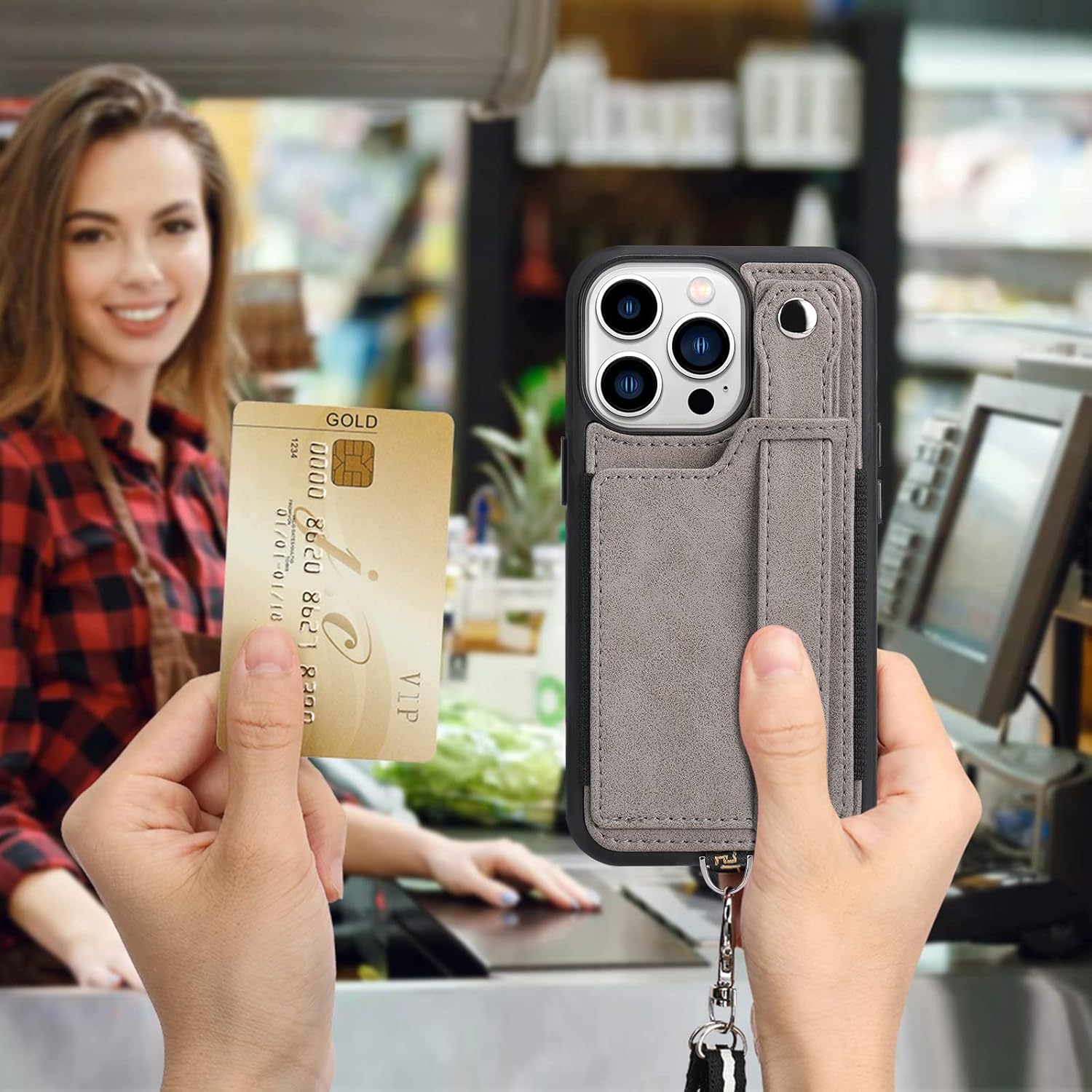 TOOVREN Wallet Case for iPhone 13 Pro Case with Card Holder Wallet Case with Leather Kickstand Hand Strap, Adjustable Detachable Lanyard Protective Cover for iPhone 13 Pro 6.1" (Gray) - Image 9