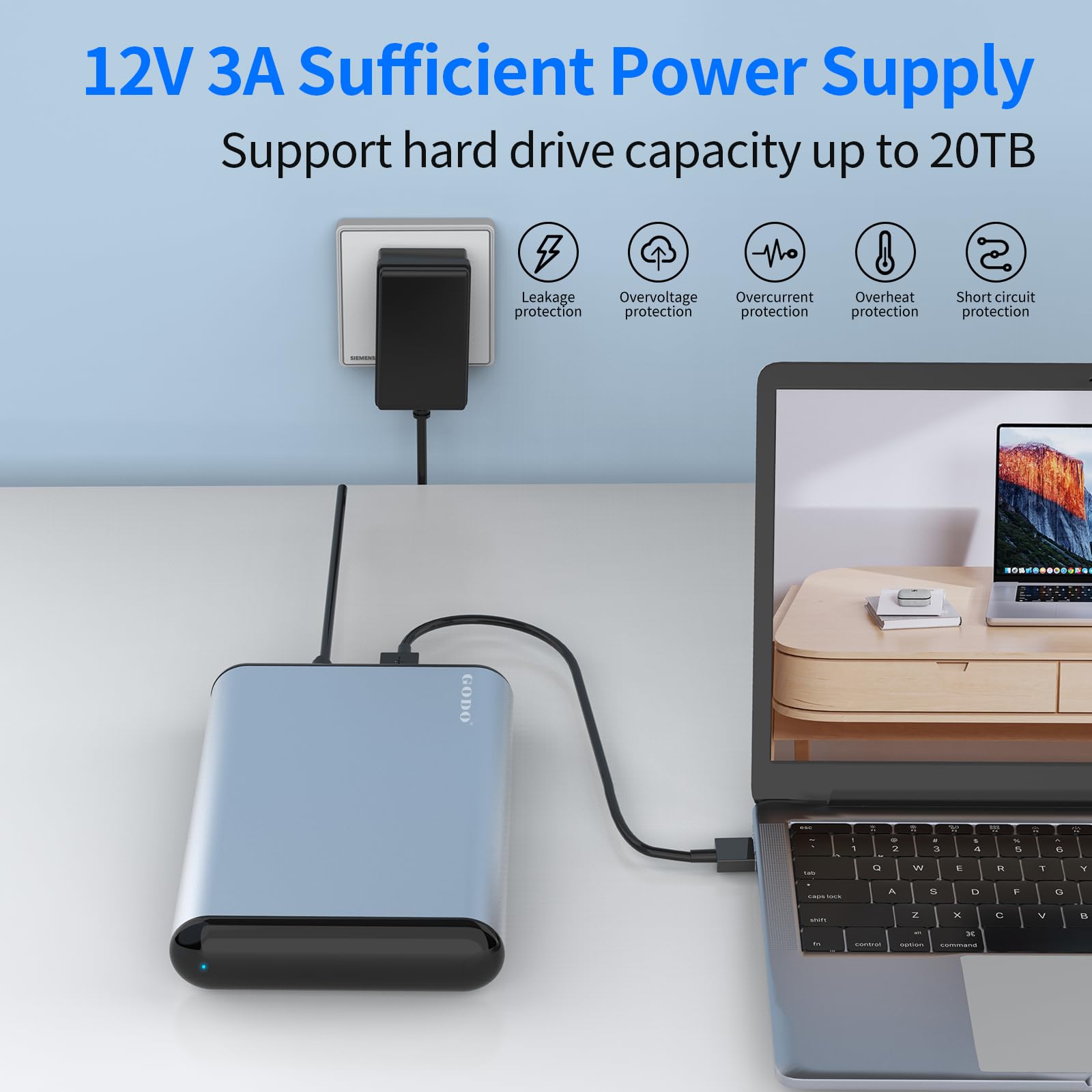 GODO Adattatore da SAS a USB 3.0, docking station per disco rigido per SSD SAS/SATA HDD da 2,5/3,5", con indicatore luminoso, adattatore di alimentazione, plug and play, supporta UASP Trim