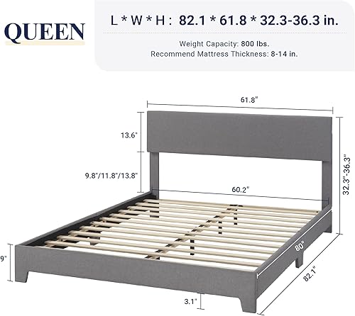 Miniatura 40 de Allewie Base de cama Queen con cabecera ajustable, plataforma de piel sintética con listones de madera, base de colchón resistente, no necesita