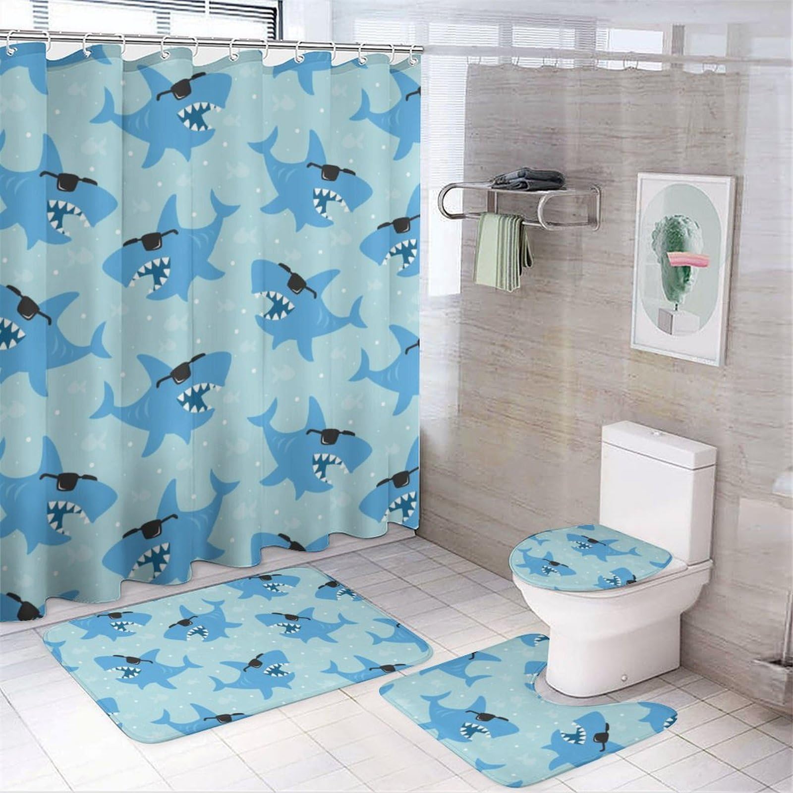 JiuPopular Bathroom Mat Set 4 Piece, Cool Animated Shark Shower Curtain with Non-Slip Bath Mats for Bathroom