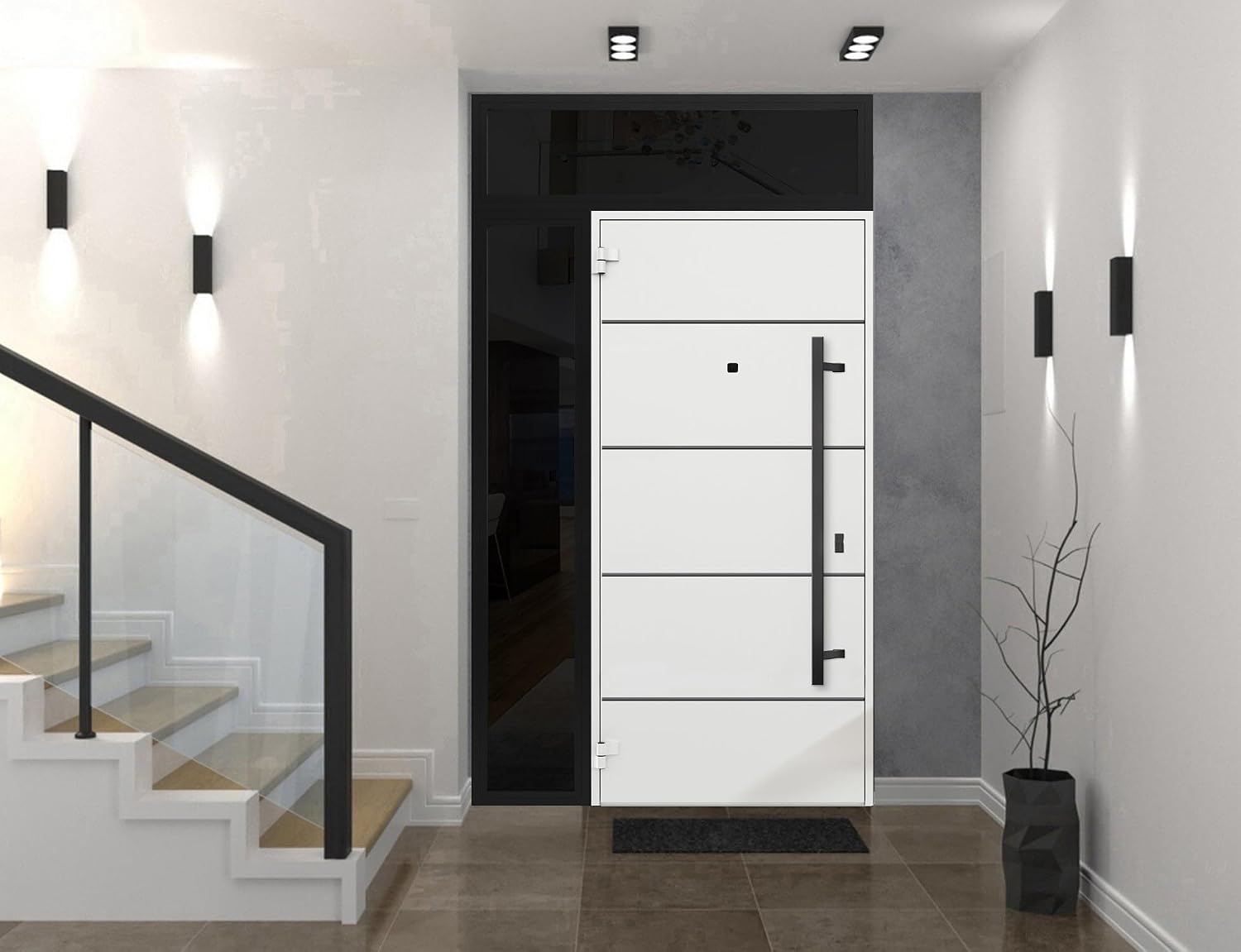 VDOMDOORS Front Exterior Prehung Steel Door/Deux 6683 Natural Oak/Side and Top Exterior Window Sidelite/Entry Metal Modern Painted W36+16" x H80+16" Right Hand Inswing
