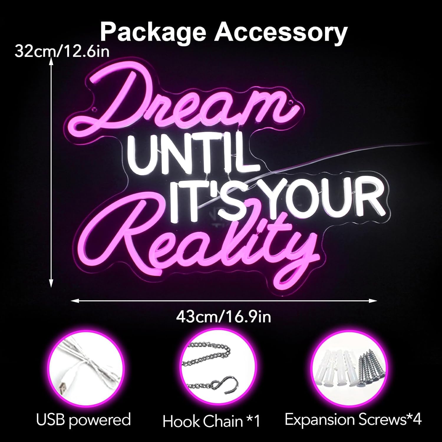 Dream Until Its Your Reality LED Neon Light,Pink Neon Sign,Bedroom, study, classroom and office decoration.16.9x12.6in 5V USB Decor, - Image 8