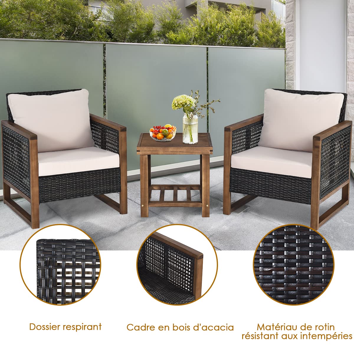 COSTWAY Ensemble de Meubles 3 Pièces de Patio en Rotin Charge 160KG (Beige)