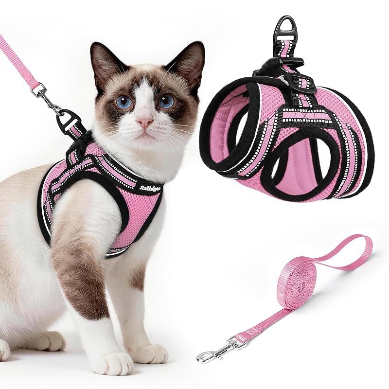 Peitoral e Guia para Gatos rabbitgoo com Vestido Macio e Faixas Refletivas, Rosa (Pink) L