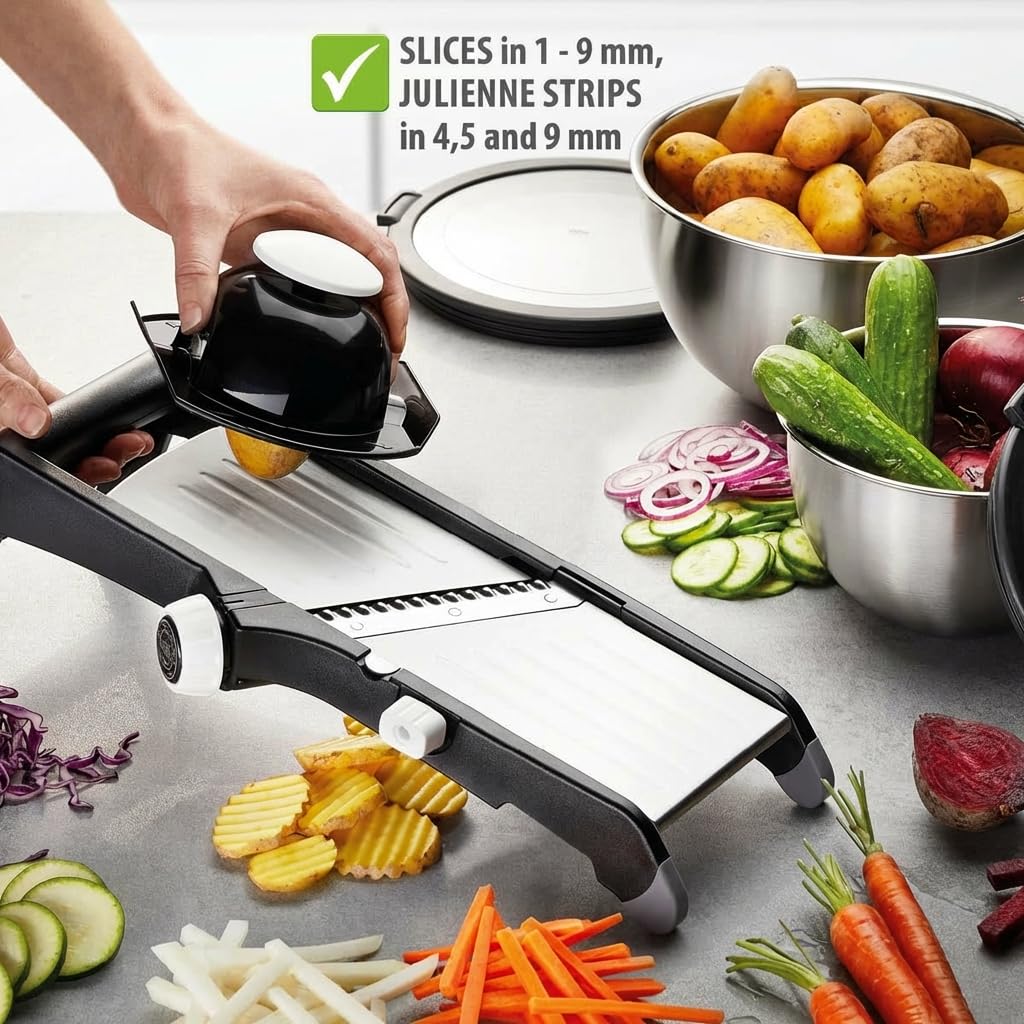 GEFU Cortador de verduras LAOLA | Grosor de corte ajustable 1 – 9 mm | Juliana y corte ondulado | Acero inoxidable, pies antideslizantes, soporte de seguridad, apto para lavavajillas