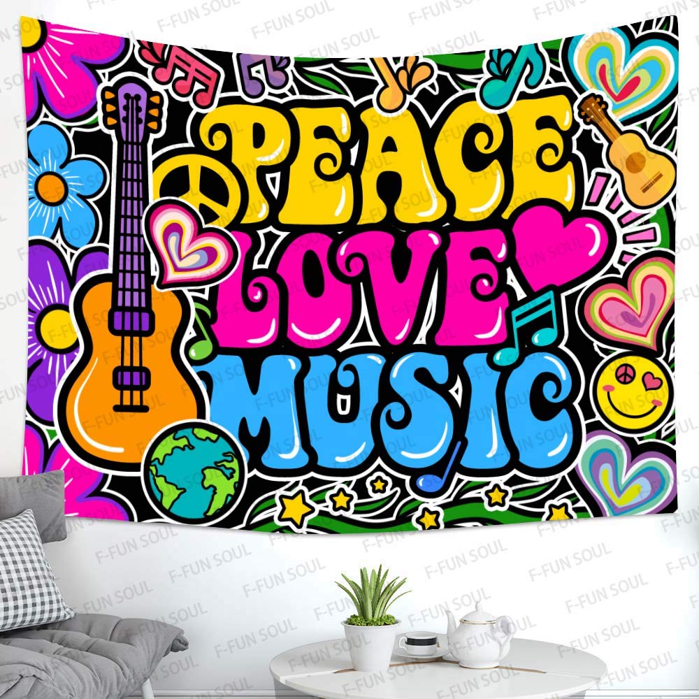 F-FUN SOUL GTZYFS1204 Wandteppich, Motiv: Frieden, Liebe und Musik, weicher Flanell, Gitarrensymbol, Taubenblumen, psychedelische Kunst, Wandbehang für Schlafzimmer, Wohnzimmer, Dekor-Banner