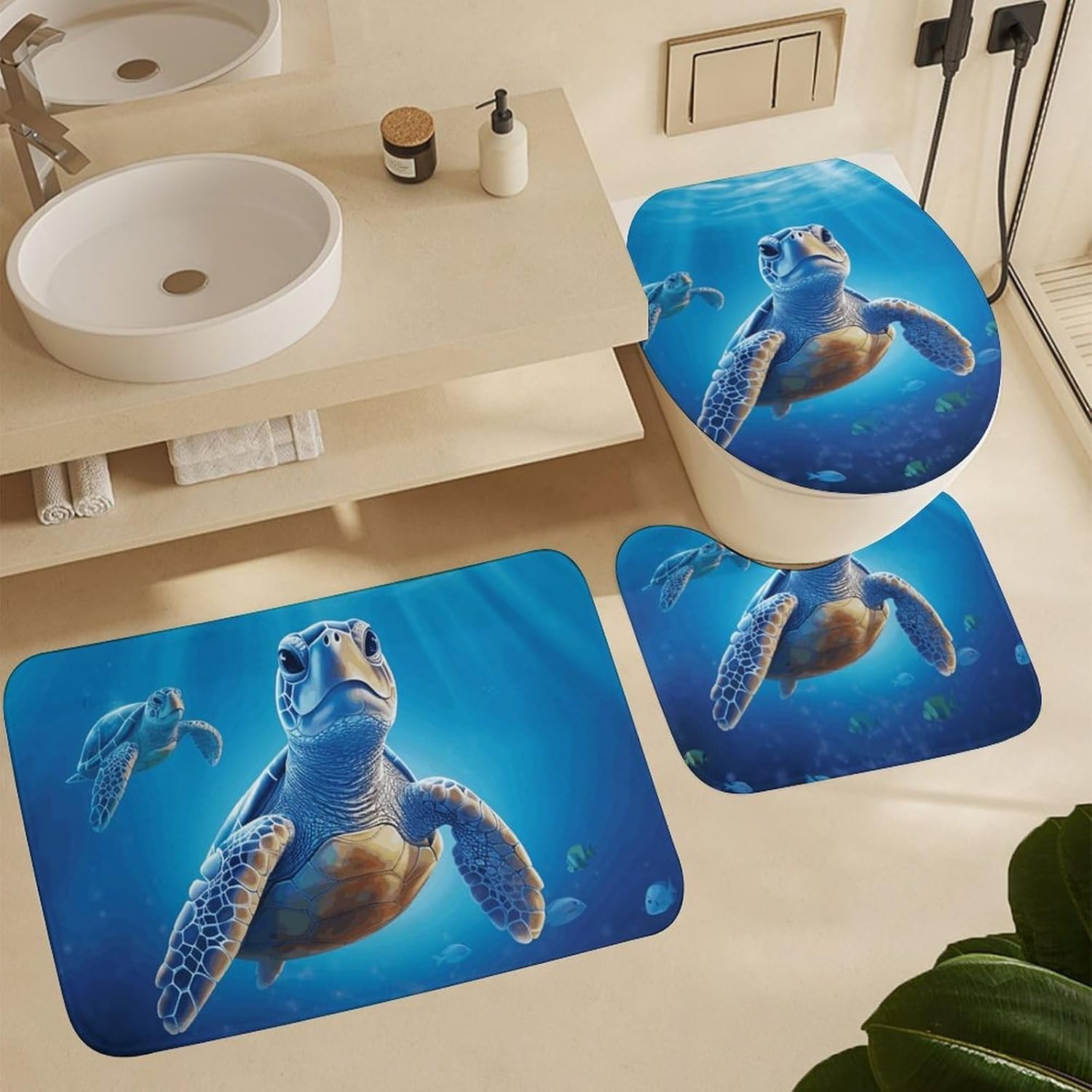 Turtle in Blue Water Shower Curtain Set 4 Piece, Non-Slip Bath Mat with Toilet Lid Cover and Waterproof Shower Curtain with 12 Hooks, Complete Bathroom Set for Home Decor