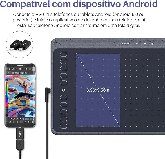 HUION HS611 Graphics Drawing Tablet Android Support Digital Art Tablet with Battery-Free Stylus 8192 Pen Pressure Tilt 8 Multimedia Keys 10 Hot Keys and Touch Ring, 10x6 inch Drawing Pad, Space Grey