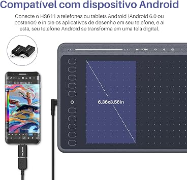 HUION HS611 Graphics Drawing Tablet Android Support Digital Art Tablet with Battery-Free Stylus 8192 Pen Pressure Tilt 8 Multimedia Keys 10 Hot Keys and Touch Ring, 10x6 inch Drawing Pad, Space Grey