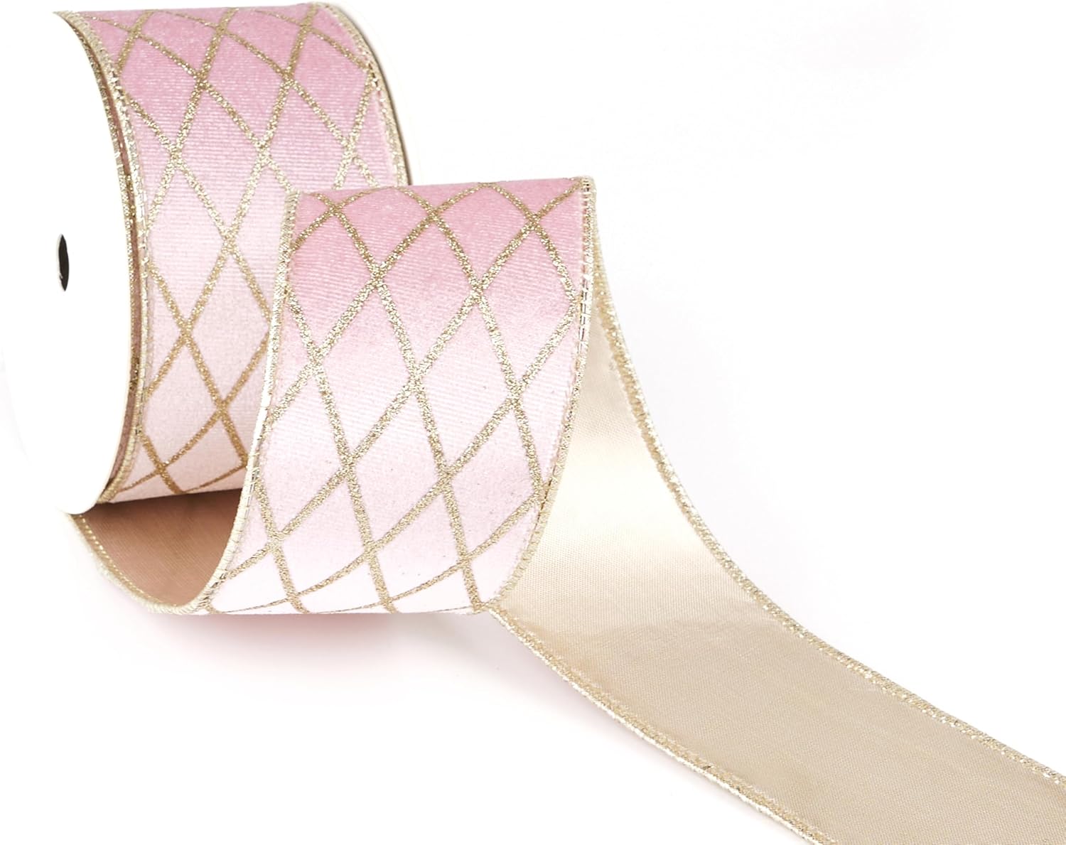 MAYREEL 2.5 Inch Pink and Gold Velvet Wired Ribbon Metallic Diamond Glitter Grid for Christmas Gift Wrapping Floral Craft Bows Wreaths Garland Wedding Holiday Decor 10 Yards