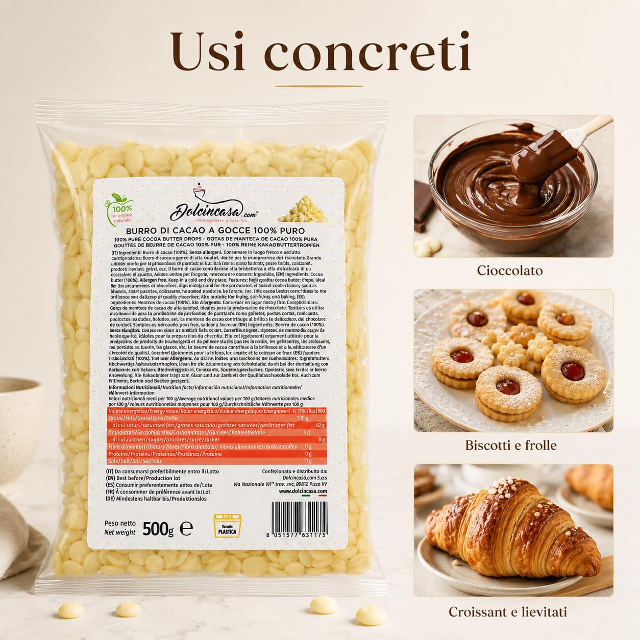 Dolcincasa Burro di Cacao a Gocce 100% Puro 500 g, per Cioccolato, Dolci da Forno, Biscotti, Frolle, Croissant e Pasticceria