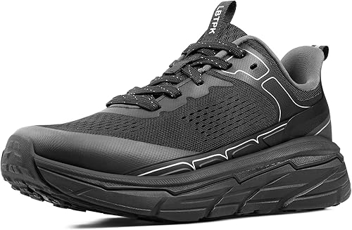 Men's Slip on Walking Sneakers - Lightweight Running Shoes - Cushioned Comfort for Gym, Training, Tennis, Workout - Athletic Fashion - Black/Beige Size 6.5-13