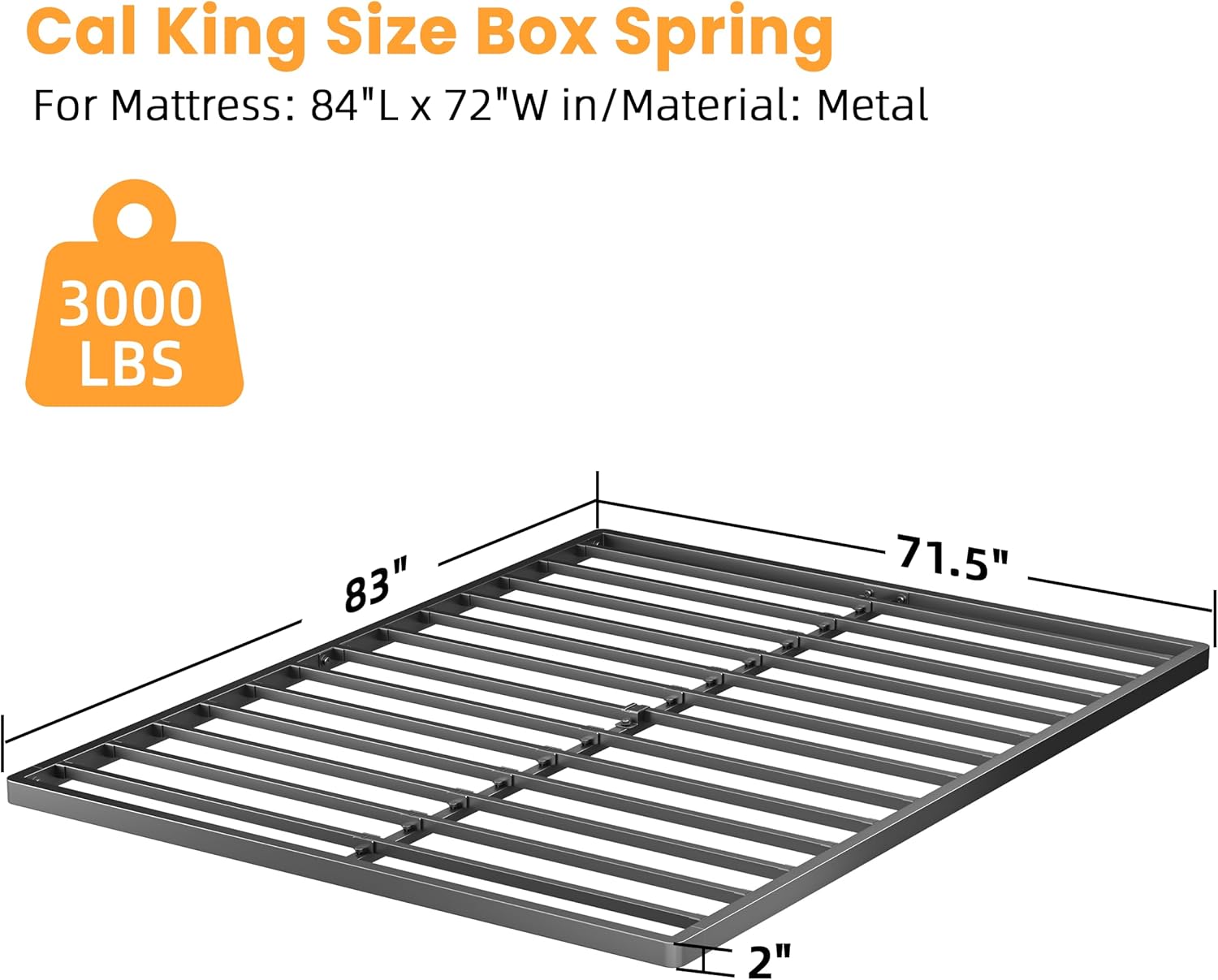 VIPSHOW 2 Inch California King Metal Box Spring with Round Corners - 3000 lbs Capacity, Low Profile Bed Slat Replacement Bunkie Board with Steel Slats, Noise-Free, Easy Assemble, Black