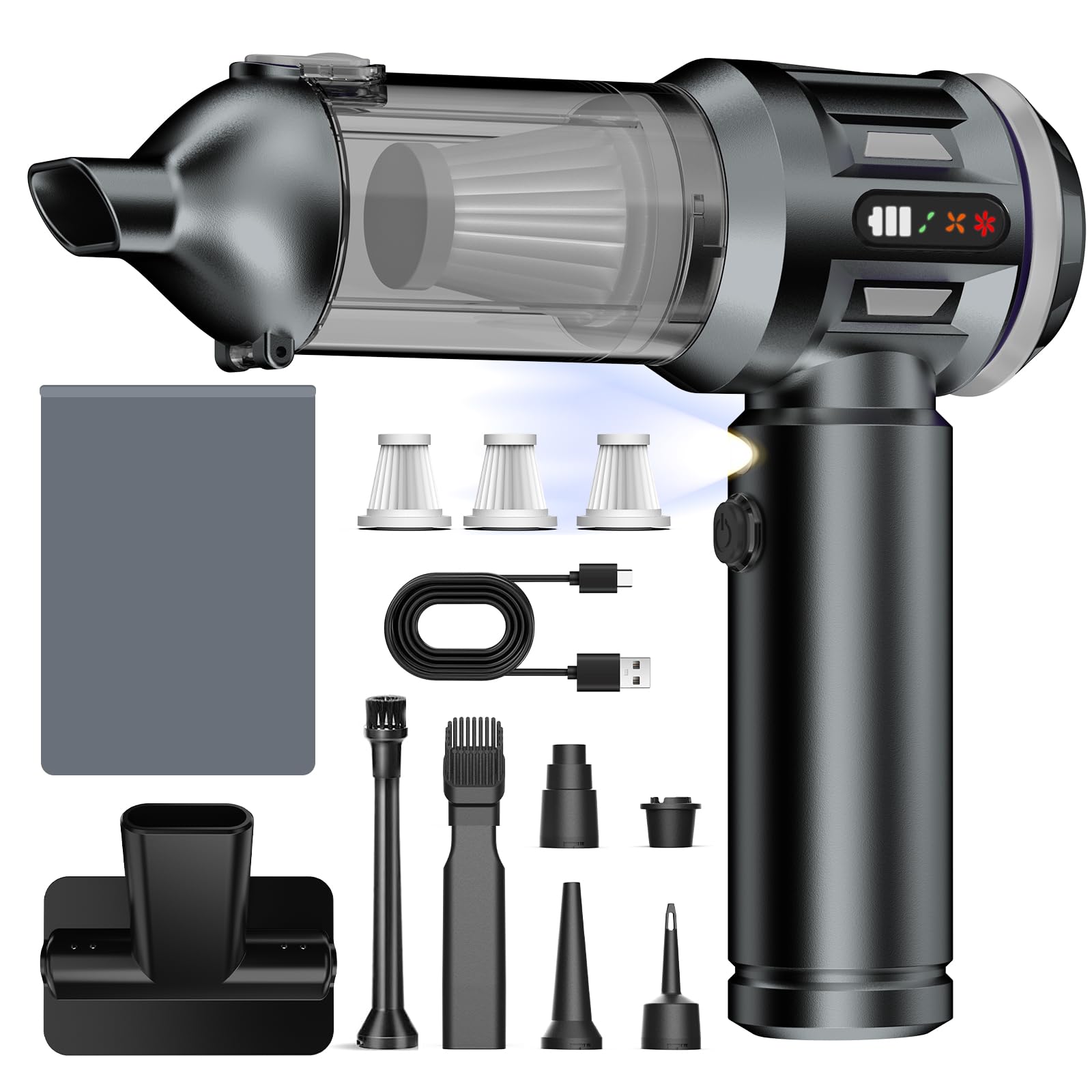 Handstaubsauger, 26000 Pa 4-In-1 Mini Staubsauger Akku Kabellos mit Digitalanzeige 1-Knopf-Selbstentleerung Autostaubsauger 6000mAh 3 Gang Einstellung für Auto, Bürotisch, Tierhaar, Sofa (Silber-Grau)