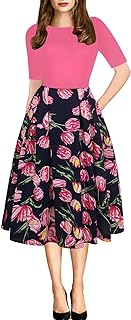 Women's Vintage Patchwork Pockets Puffy Swing Casual Party Dress OX165 - Buy now
