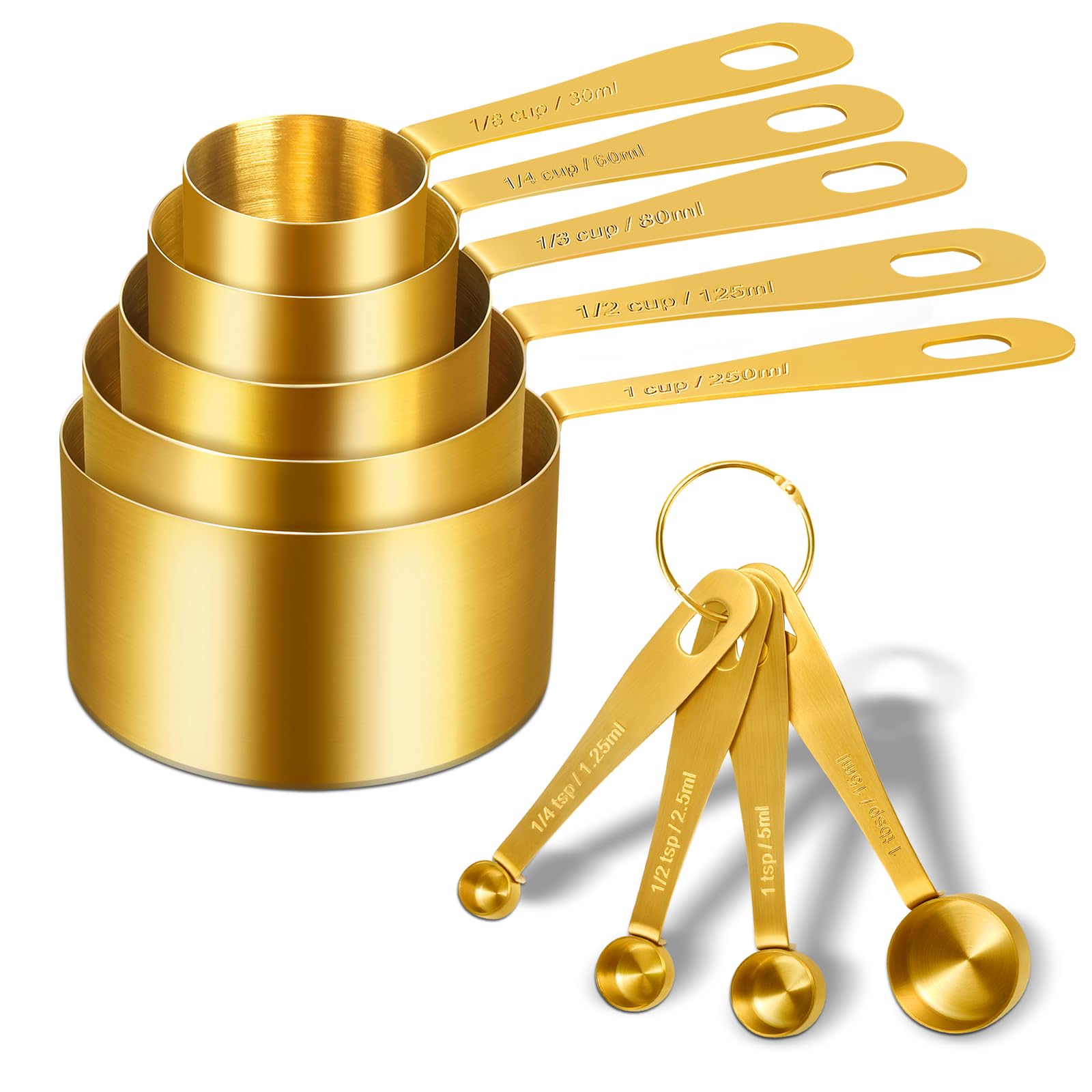 Cuteefun 9 Piece Gold Measuring Cups and Spoons Set, Including 4 Measuring Spoons, 5 Cup Measurements Set, Stainless Steel Kitchen Gadgets for Liquid & Dry Ingredients