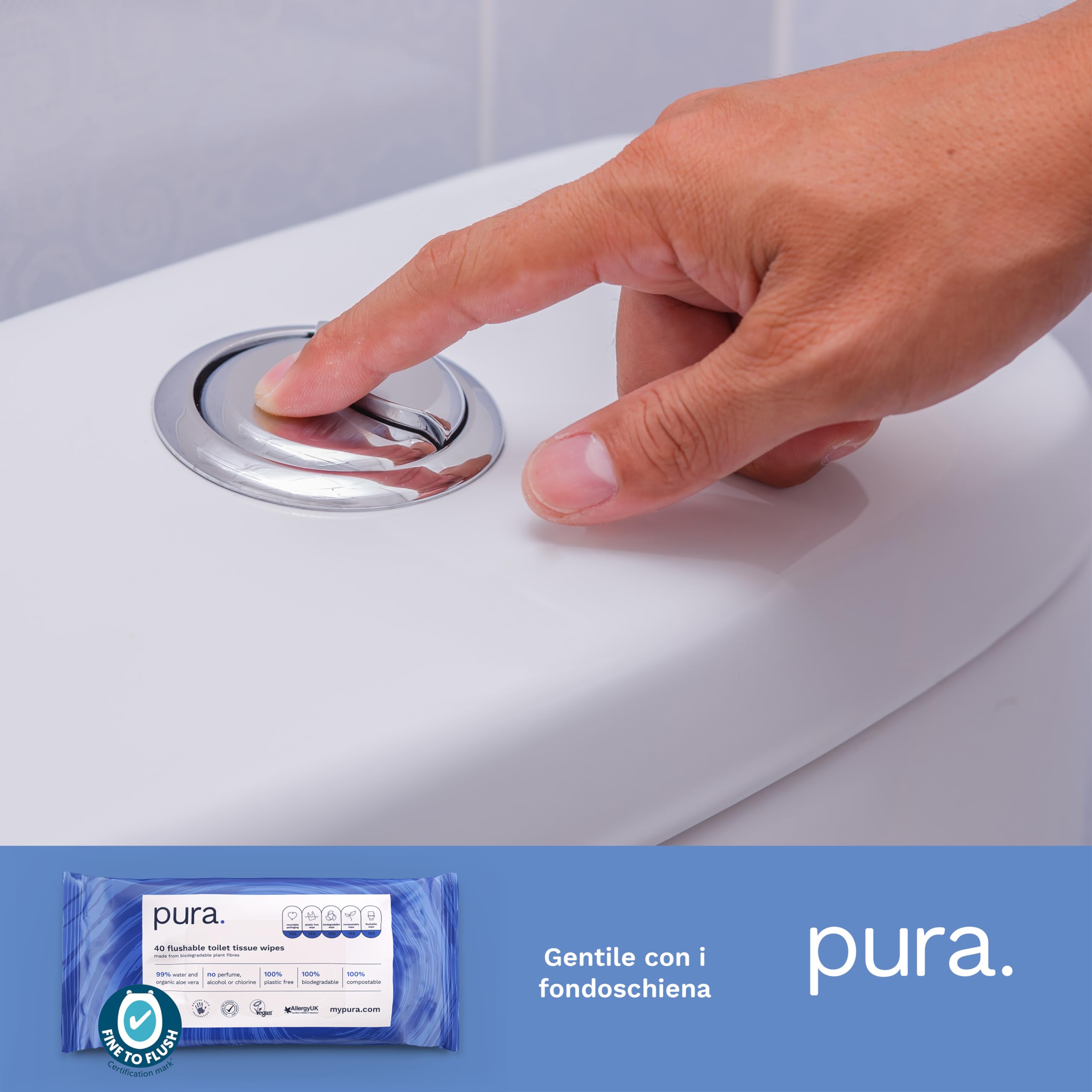 Pura Carta Igienica Umidificata, 40 Salviette (Confezione da 1), Salviette per la Pulizia Della Pelle Sensibile, Certificate 'Fine to Flush', Completamente Prive di Plastica, Biodegradabili