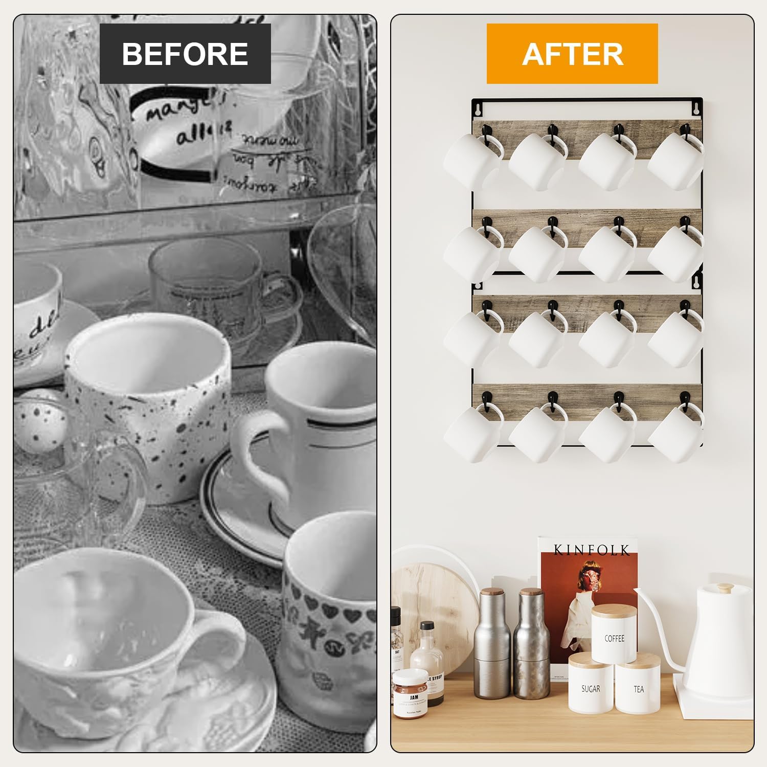 IBUYKE Wall-Mounted Mug Rack Set of 3, 24-Hook Large Coffee Display Organizer for Kitchen, Home, Bar, Coffee Station - Rustic Wood, Greige TBJ005Y-3