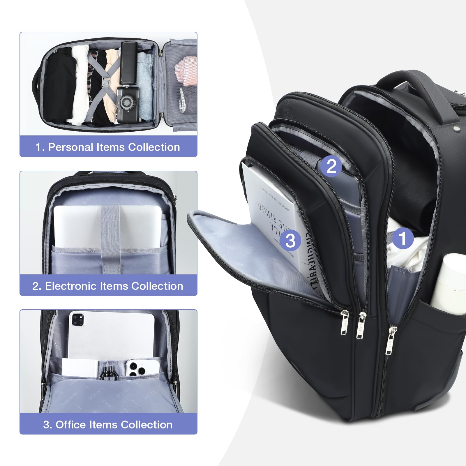Zaino Trolley Viaggio, Porta PC 17 Pollici Bagaglio a Mano, Impermeabile Borsa da Viaggio con Ruote per Uomo e Donna, Scuola, Università, Viaggi, Università,Aereo Affari, Nero