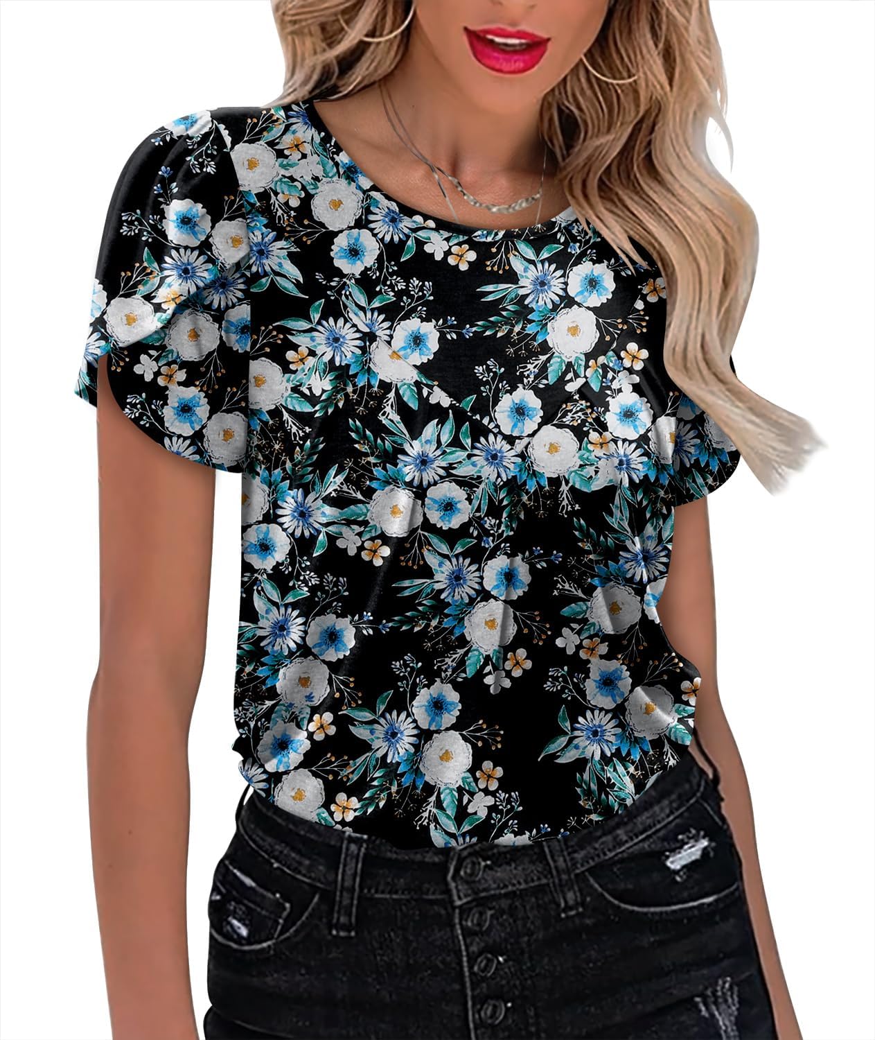 KISSMODA Womens Short Sleeve Shirts Floral Summer Tops Ladies Tunic Tops Loose Fit Tunics - Image 2