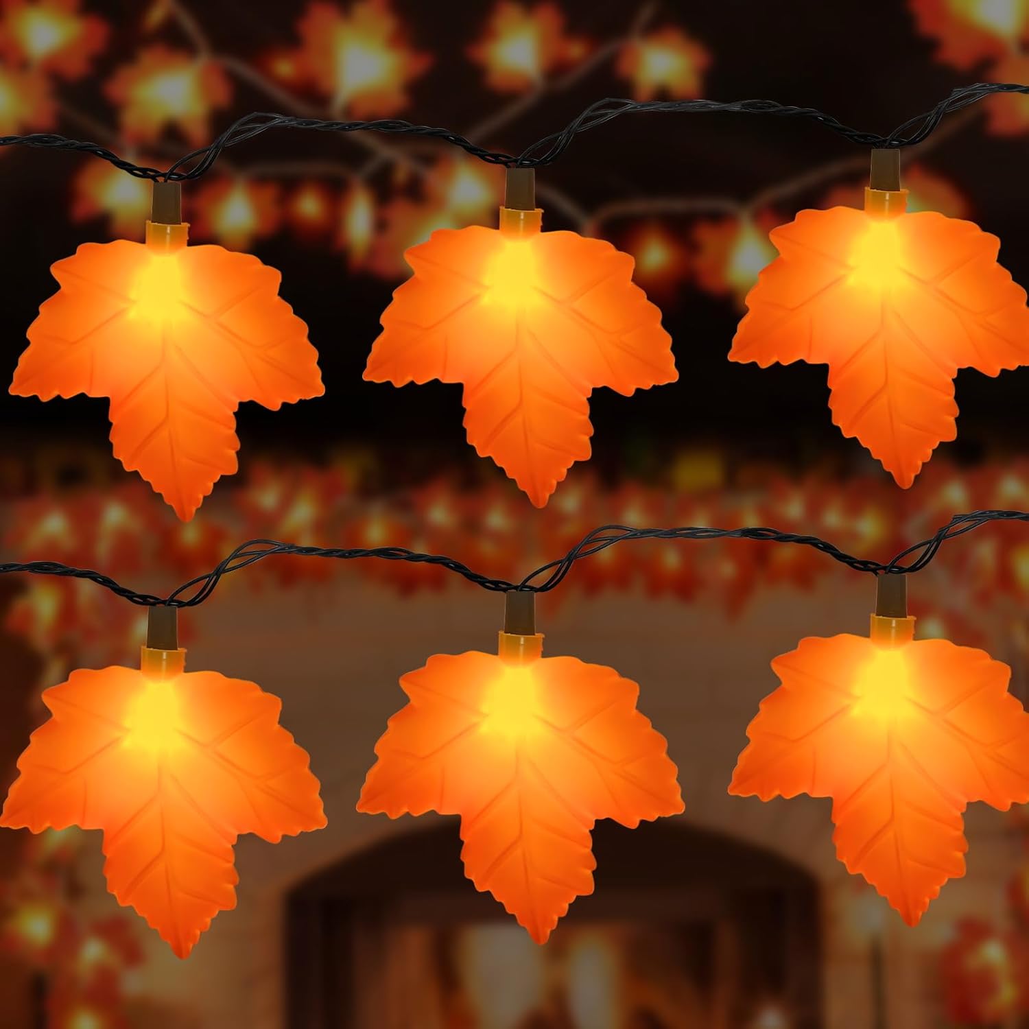Autumn Thanksgiving Day Orange Maple Leaf Decoration Lights with 12 LED Bulbs(2 Spare), 8.5FT Outdoor Plug in Fall Maple Leaves Lights for Thanksgiving Day Halloween Autumn House Indoor Room Decor