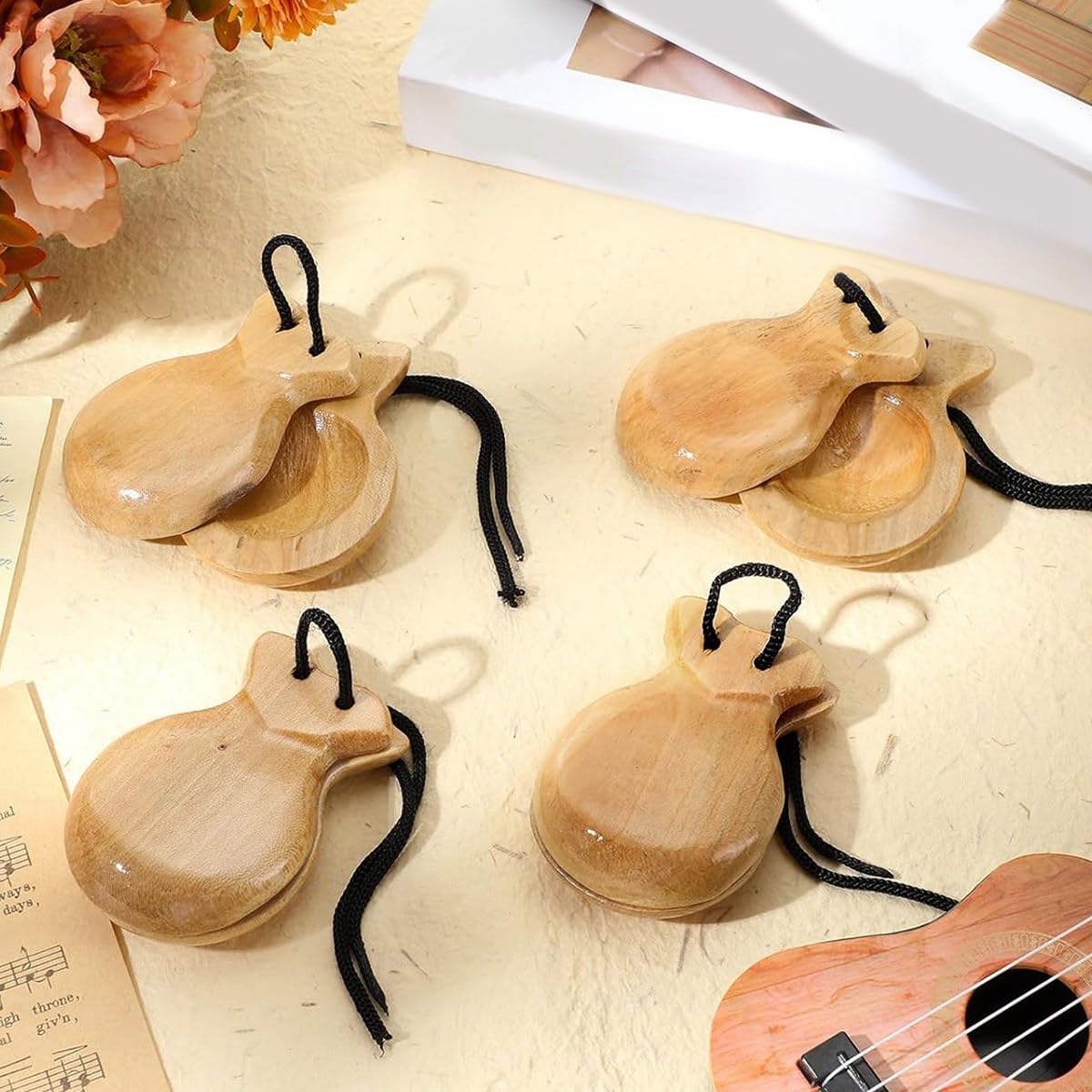 Castañuelas Españolas De Madera - Juego De 2 Pares Para Baile Flamenco, Práctica Musical Y Entrenamiento Rítmico