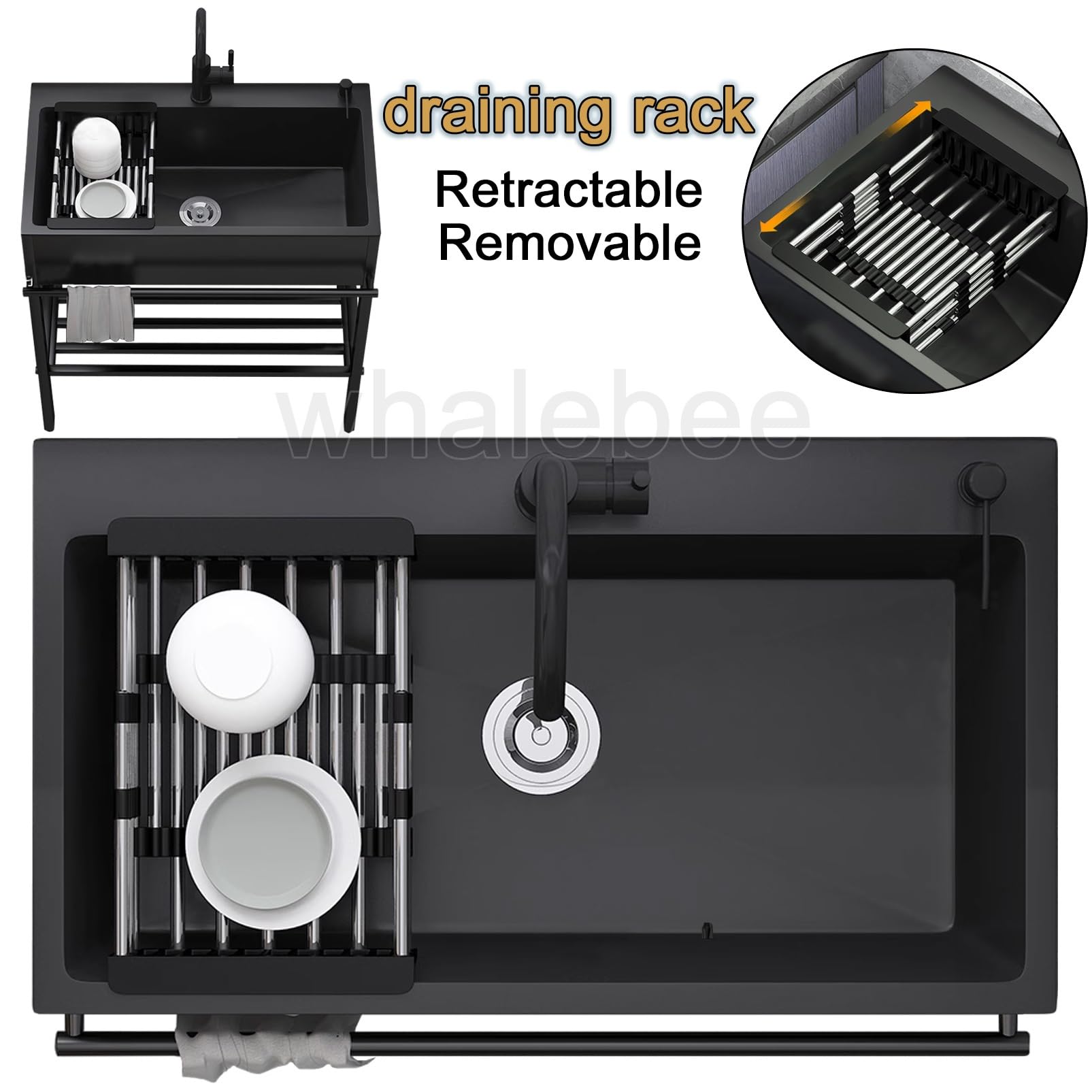 Spüle Freistehendes, Spülbecken Edelstahl Outdoor Waschbecken Garten Länge 55 60 65 68 80 90cm Schwarz Sink Set, Kitchen Sink Mit Handtuchhalter, Warm- Und Kaltwasserhähne