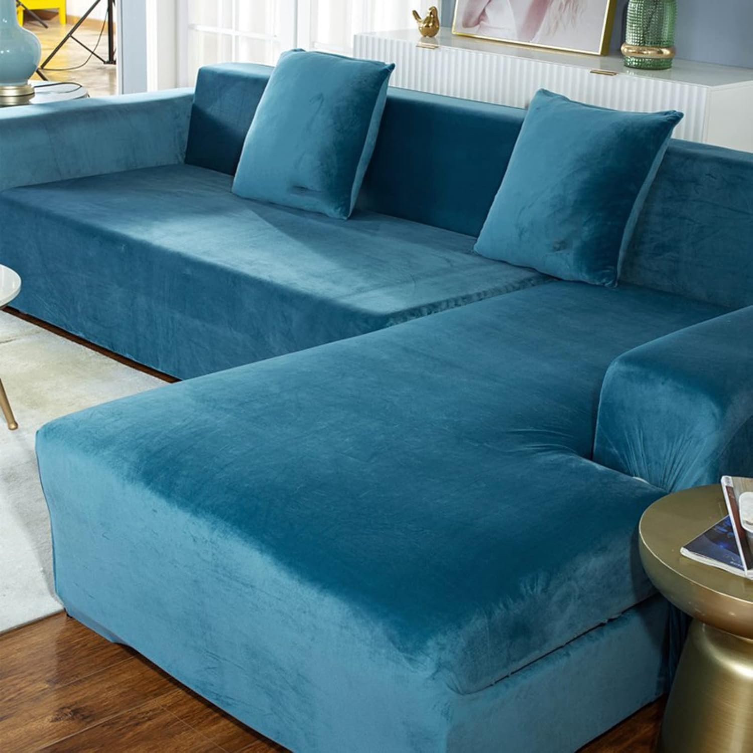 OQOPO Velvet Sofa Cover L Shaped Chaise Lounge Slipcover,Elastic Sectional Sofa Cover Pet Kids Furniture Slipcover -Lake Blue-4seat 235-300CM(92-118in)