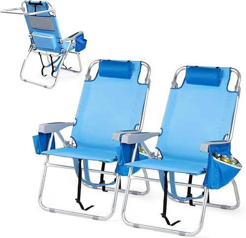 VINGLI Paquete de 2 sillas de playa altas ligeras, mochila para adultos con 5 posiciones, bolsa refrigeradora, portavasos, toallero, sillas